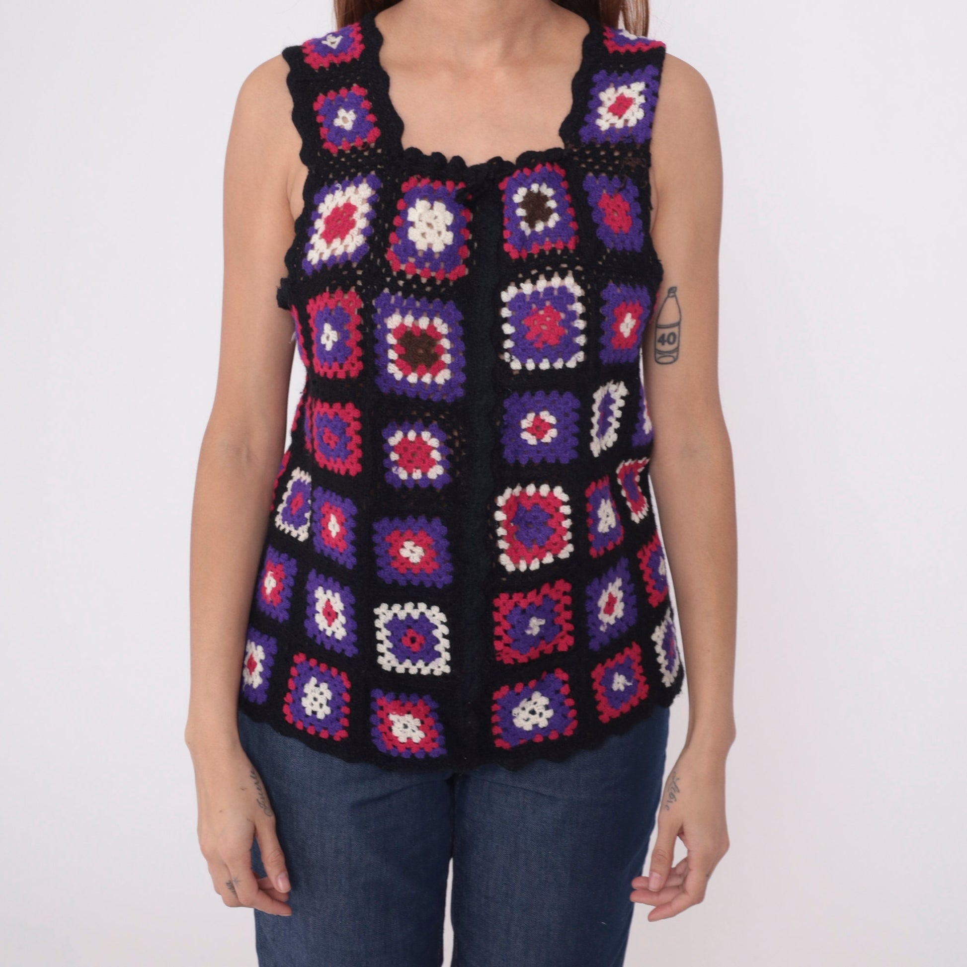 70s Crochet Granny Square Tank Top Patchwork Vest Black Pink Purple Small