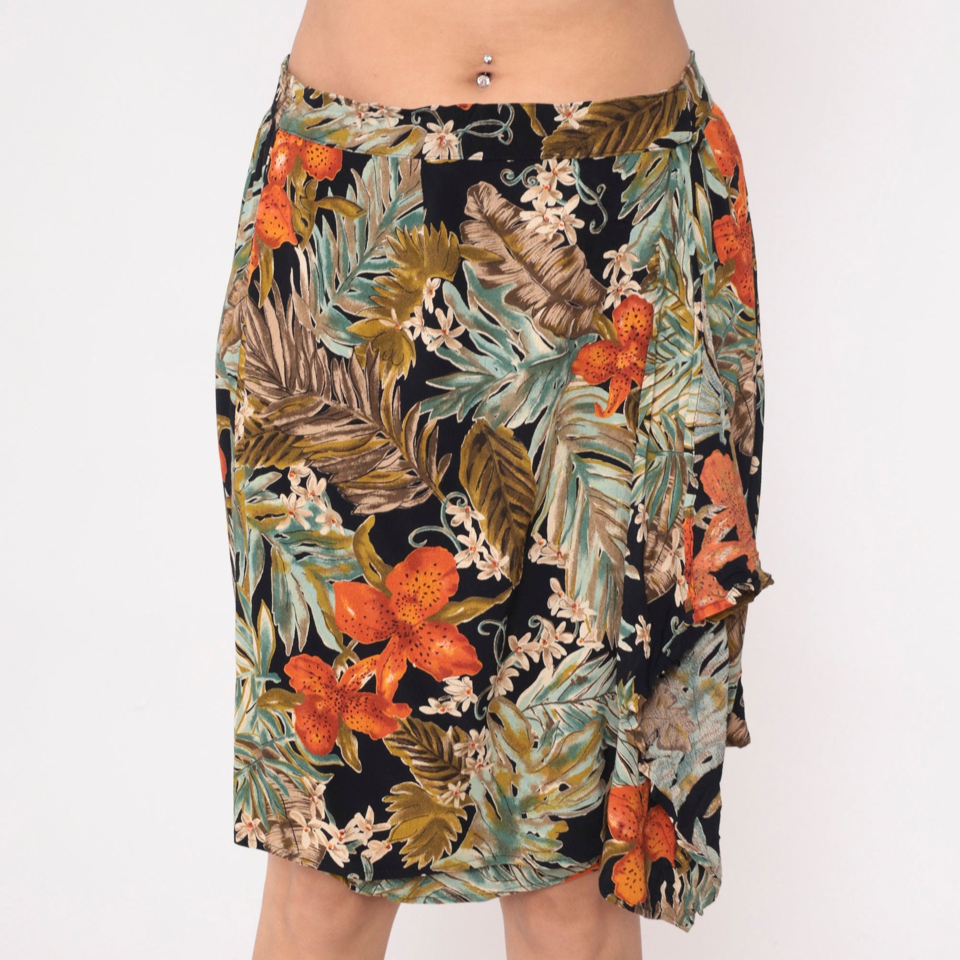 90s Carol Little Tropical Floral Mini Skirt Orange High Waist Faux Wrap Large