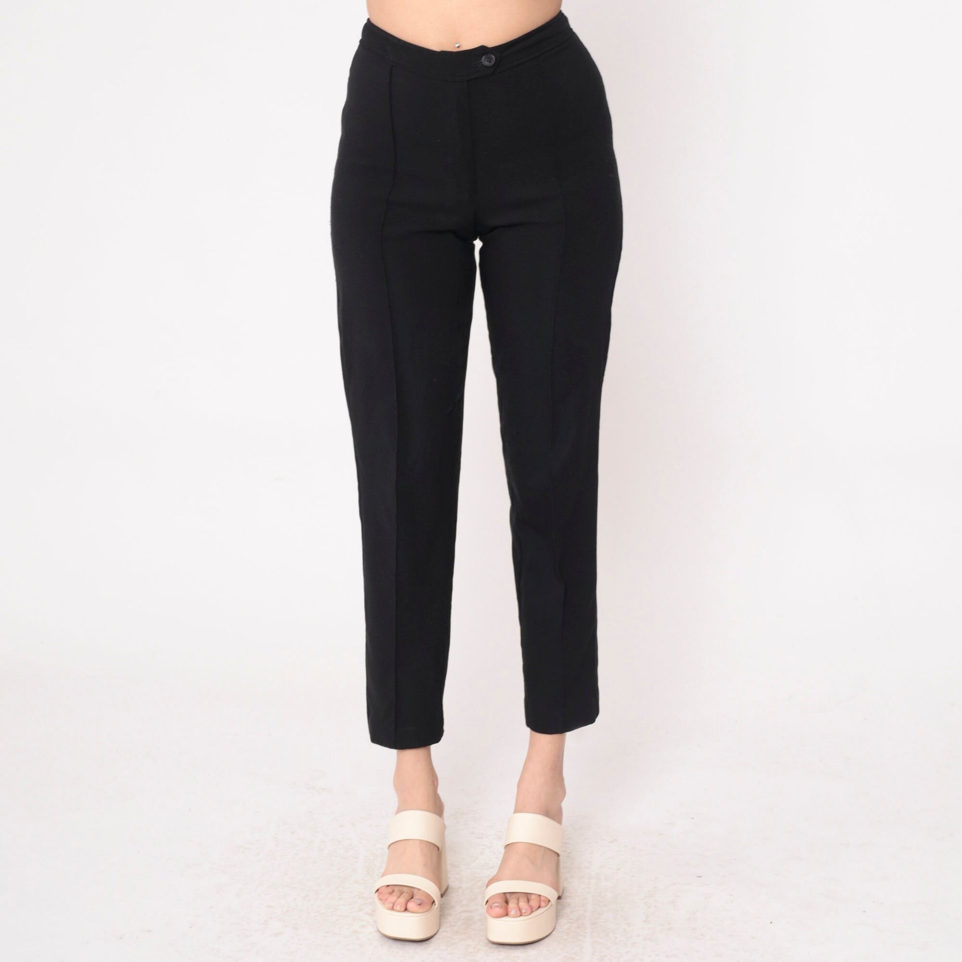 90s Black High-Waisted Tapered Trousers Crease Front Small 4