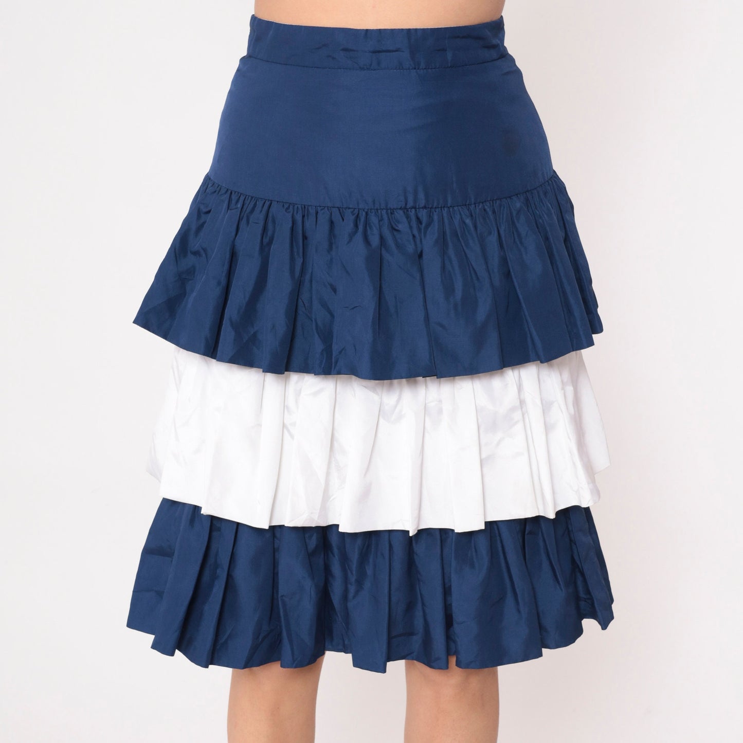 90s Tiered Midi Skirt Dark Blue White Color Block High Waist Small