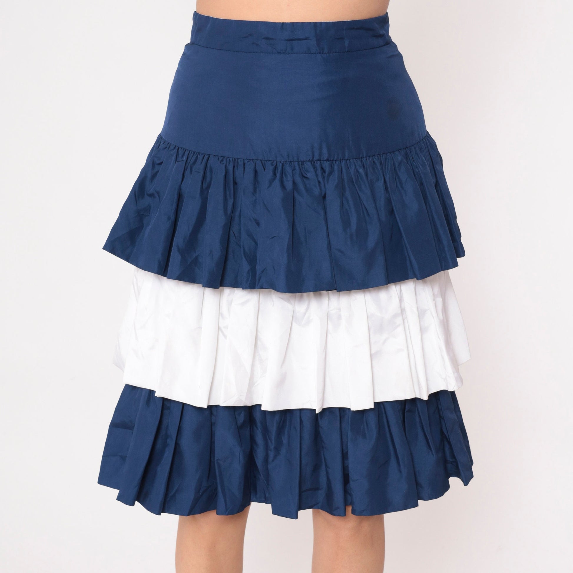 90s Tiered Midi Skirt Dark Blue White Color Block High Waist Small