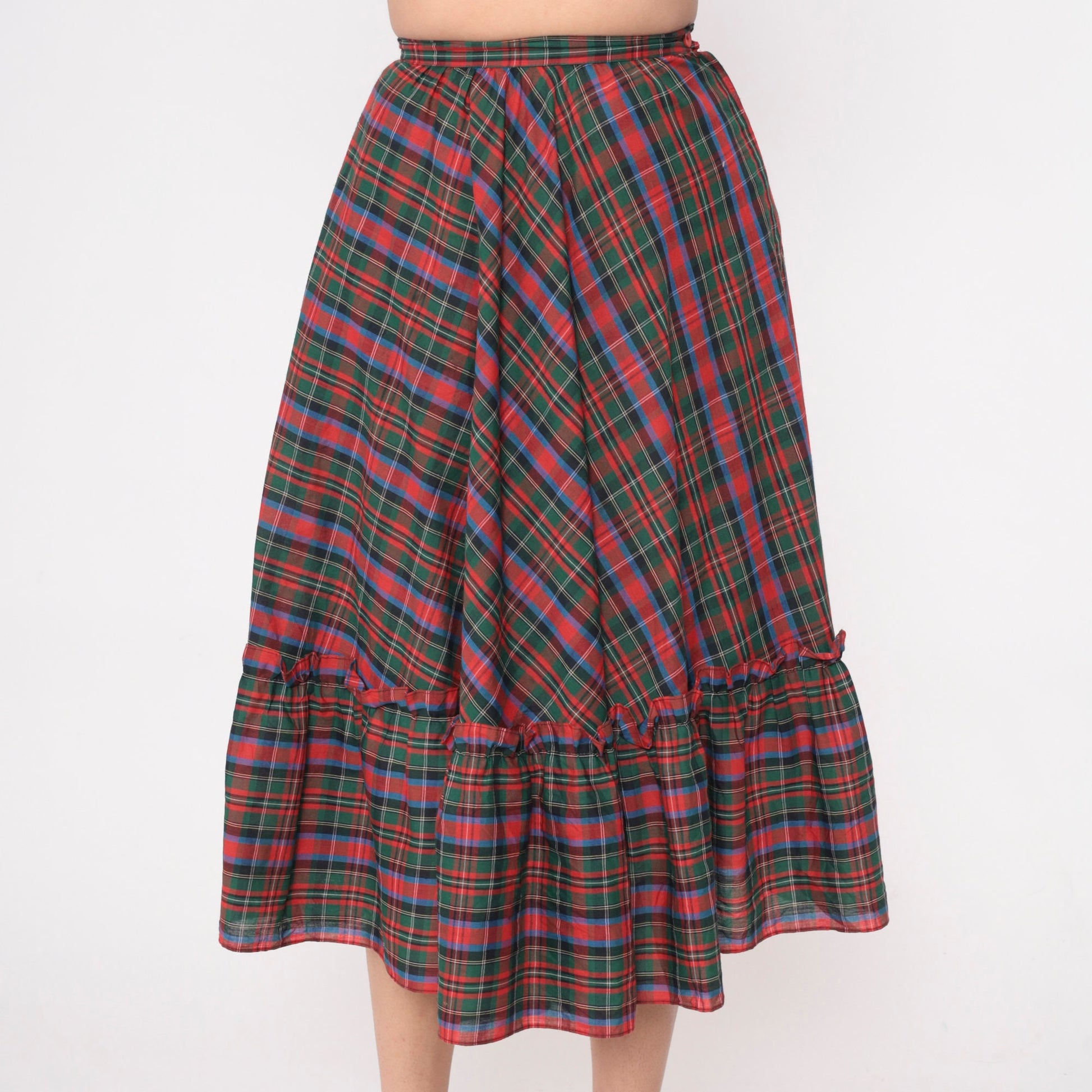 80s Plaid Midi Skirt Red Green Tartan High Waist Flounce Pocket Extra Small
