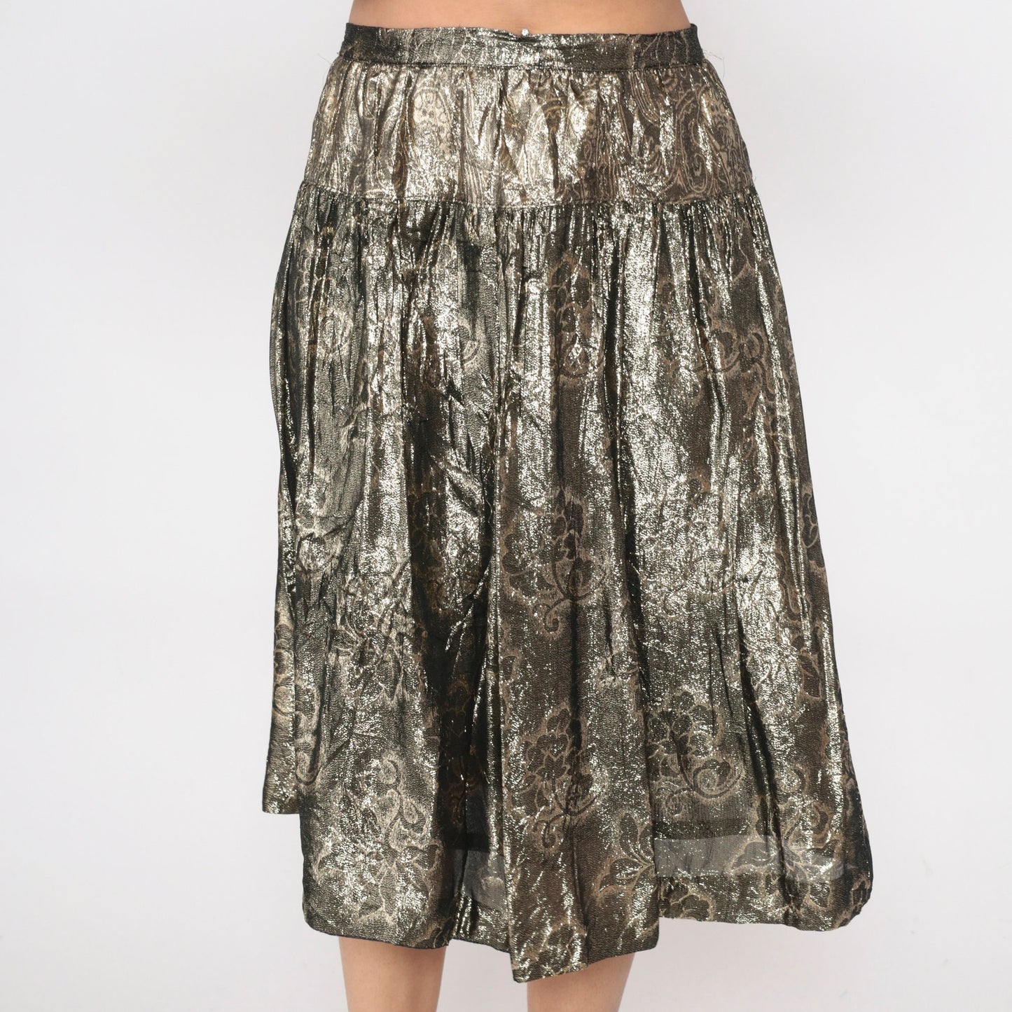 90s Gold Floral Midi Skirt High Waisted Metallic Yoke Small