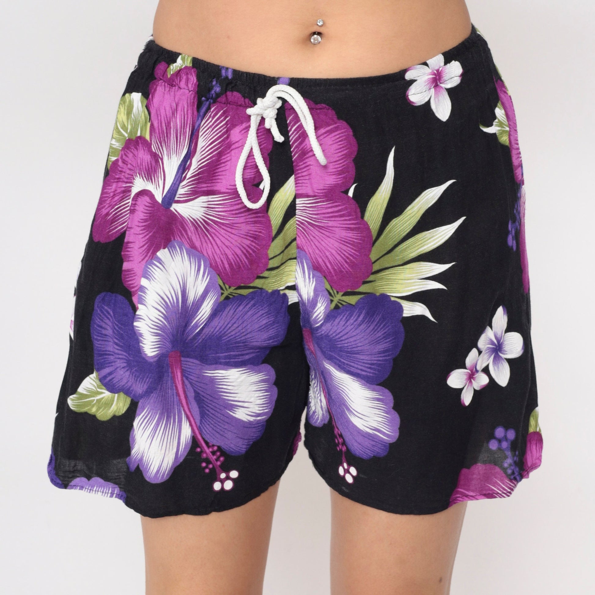 Y2K Black Rayon Shorts Purple Hibiscus Tropical Floral Drawstring Small Medium