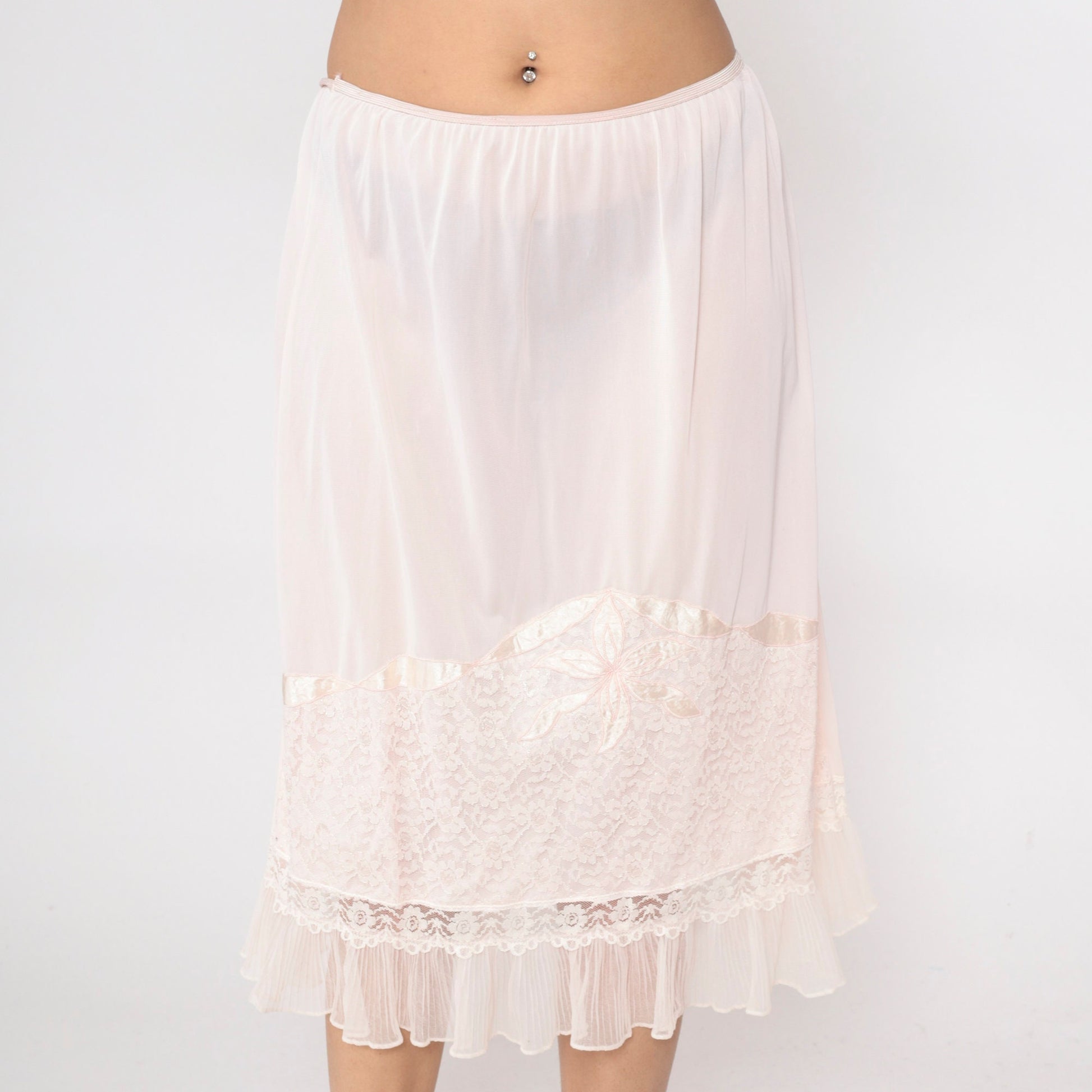70s Lane Bryant Baby Pink Nylon Slip Skirt Lace Floral Applique Medium Large