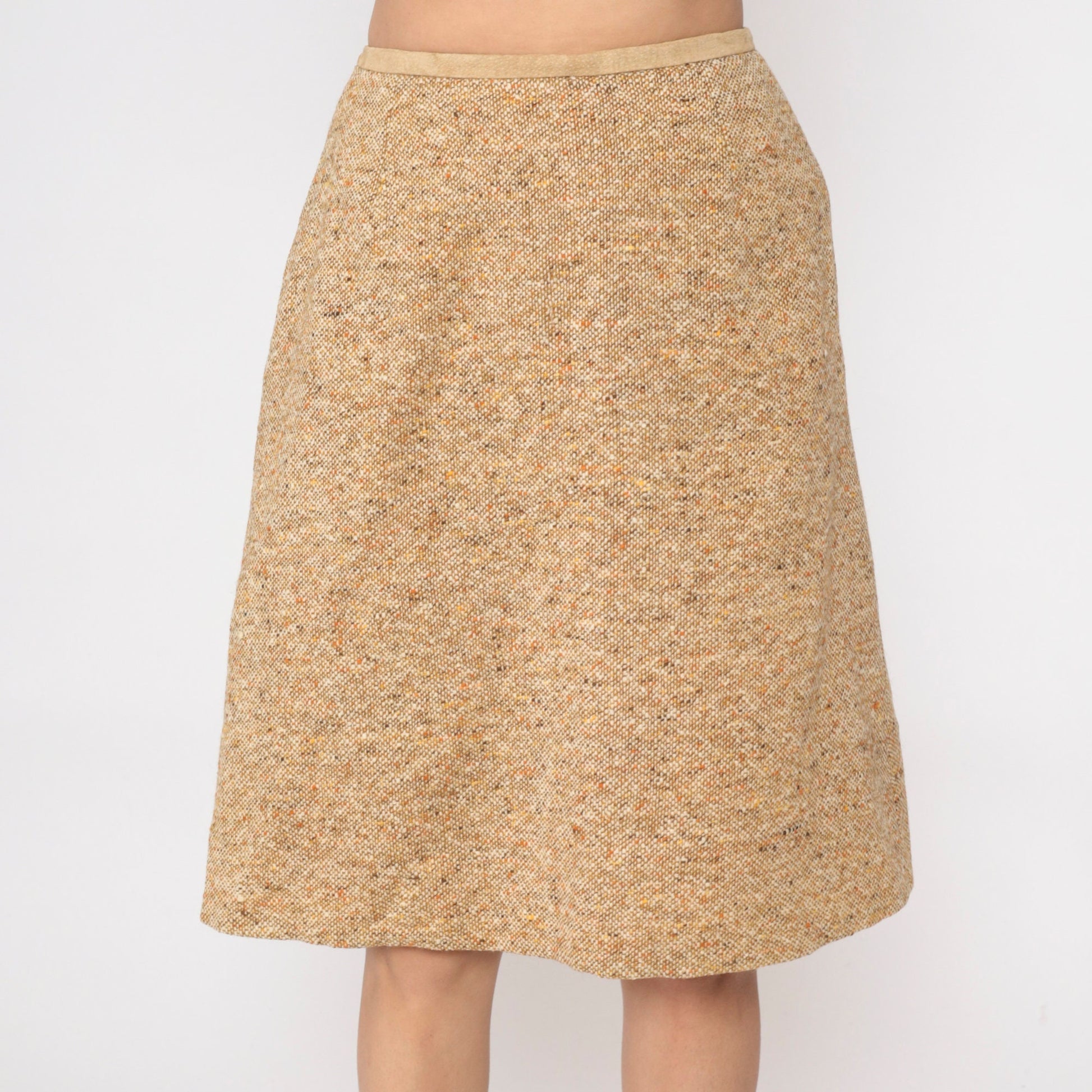 60s Tan Flecked Pencil Skirt High Waisted Tweed-Look Midi Small