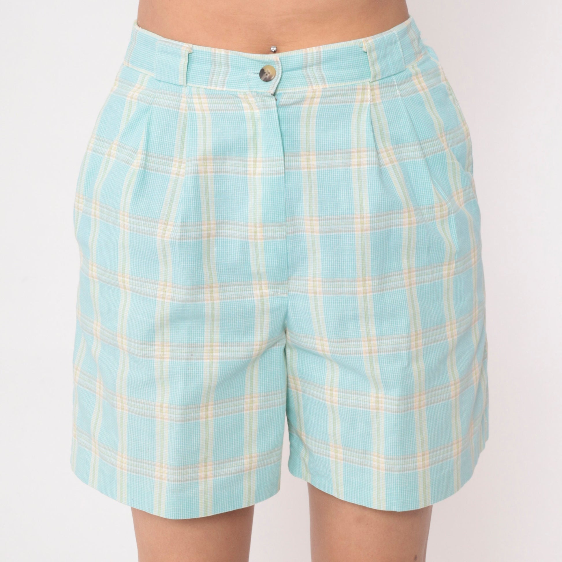 90s Plaid High-Waisted Shorts Aqua Blue Yellow Pleated Cotton Medium