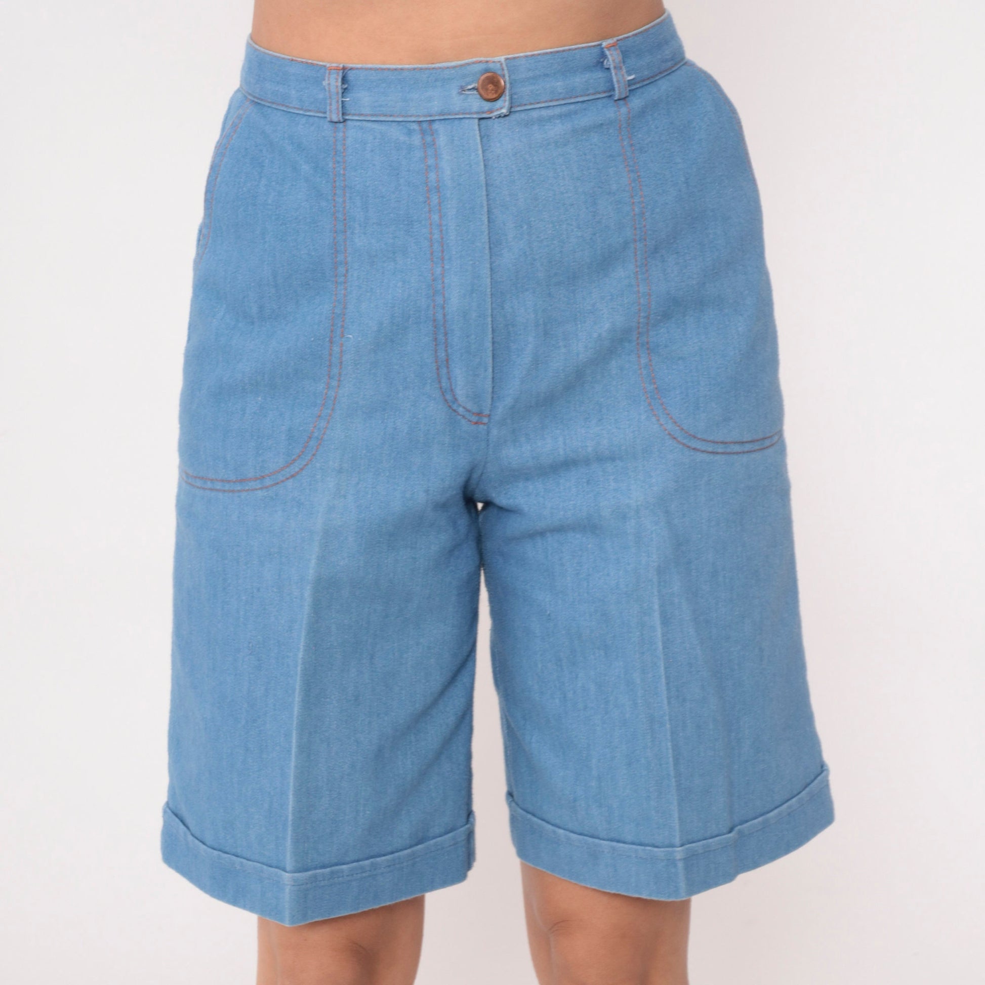 80s Tanjay Blue Denim Bermuda Shorts High Waist Cuffed Small