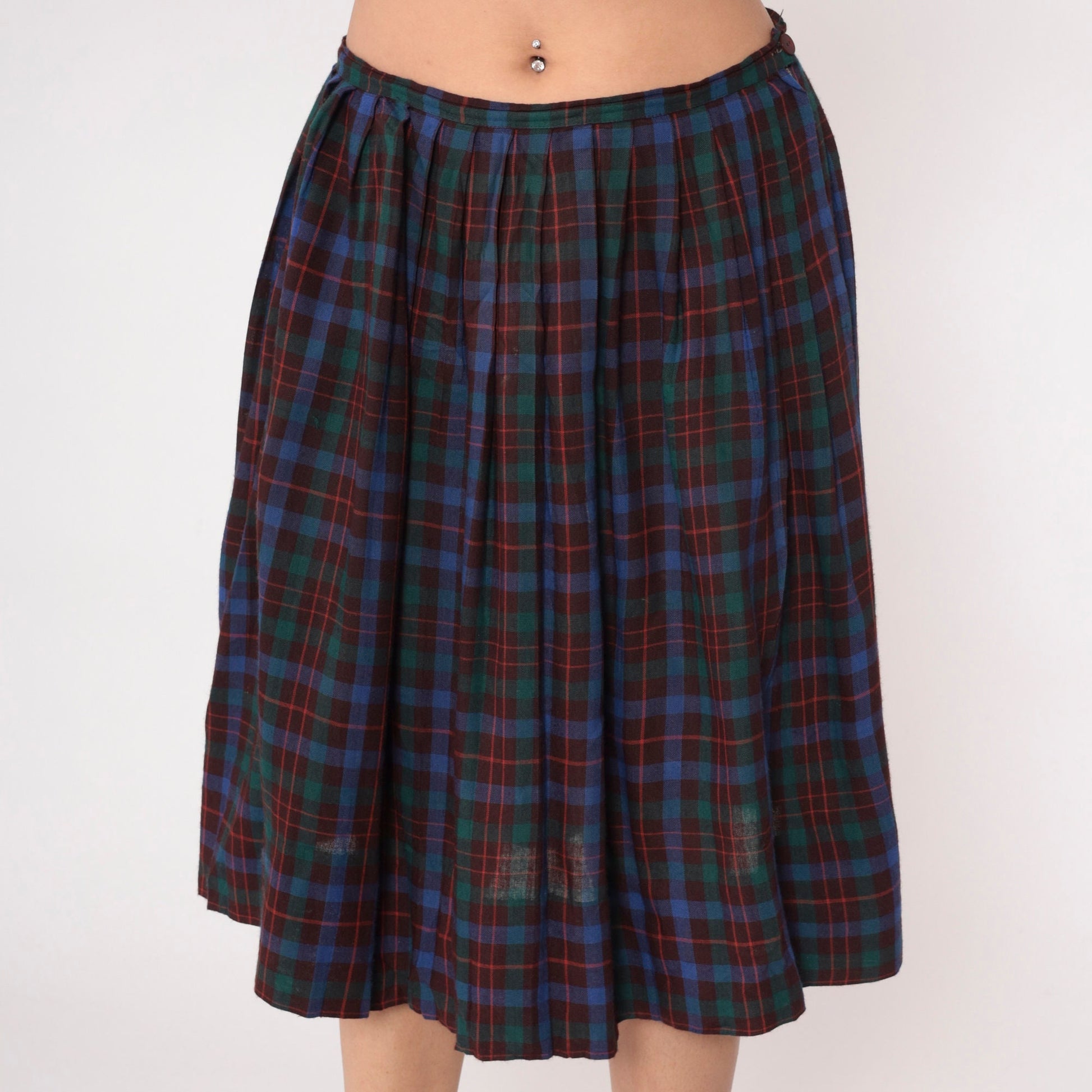 80s Maroon Blue Green Plaid Midi Skirt High Waist Pleated Large