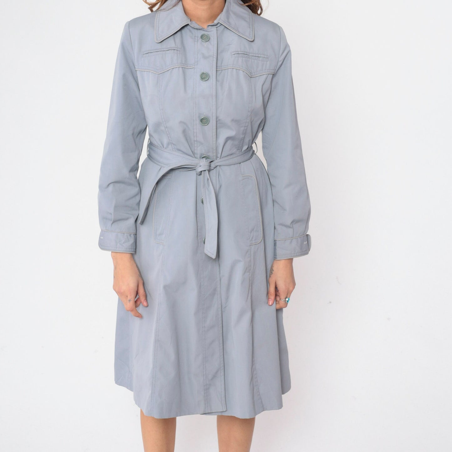 70s Muted Blue Trench Coat Western Yoke Button-Up Belted Jacket Small