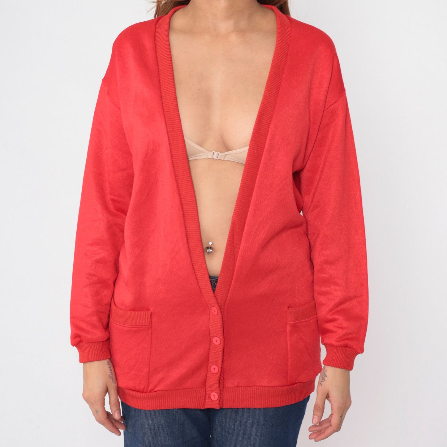 90s Red Cardigan Sweater Button Up Deep V Neck Pockets Medium Large
