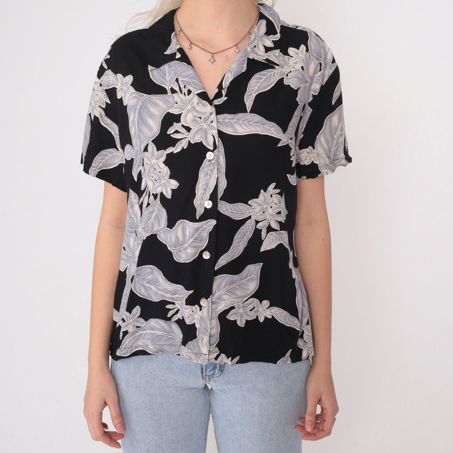 90s Nani Hawaii Tropical Floral Button Up Blouse Black Viscose Large