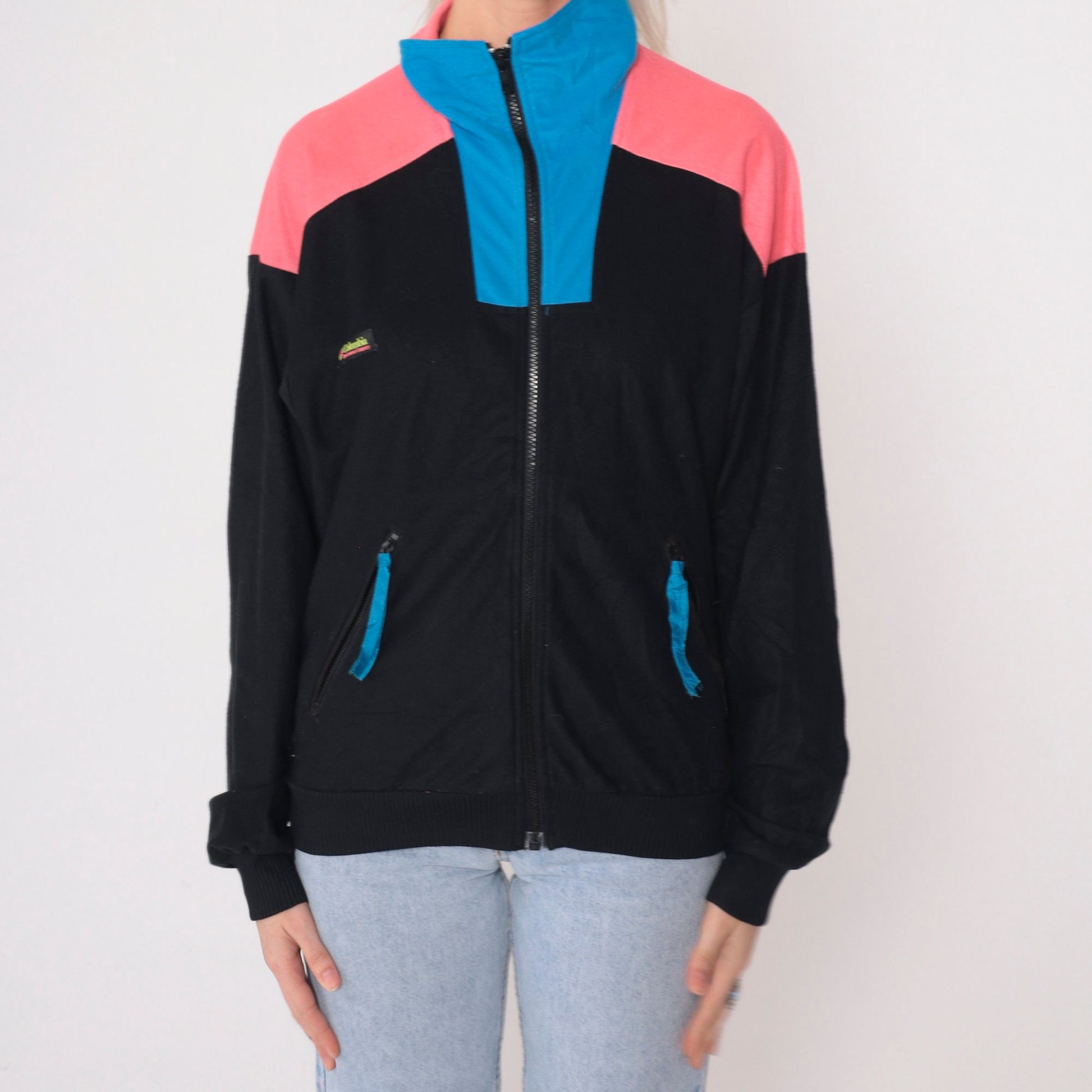 90s Columbia Black Windbreaker Jacket Hot Pink Blue Color Block Small
