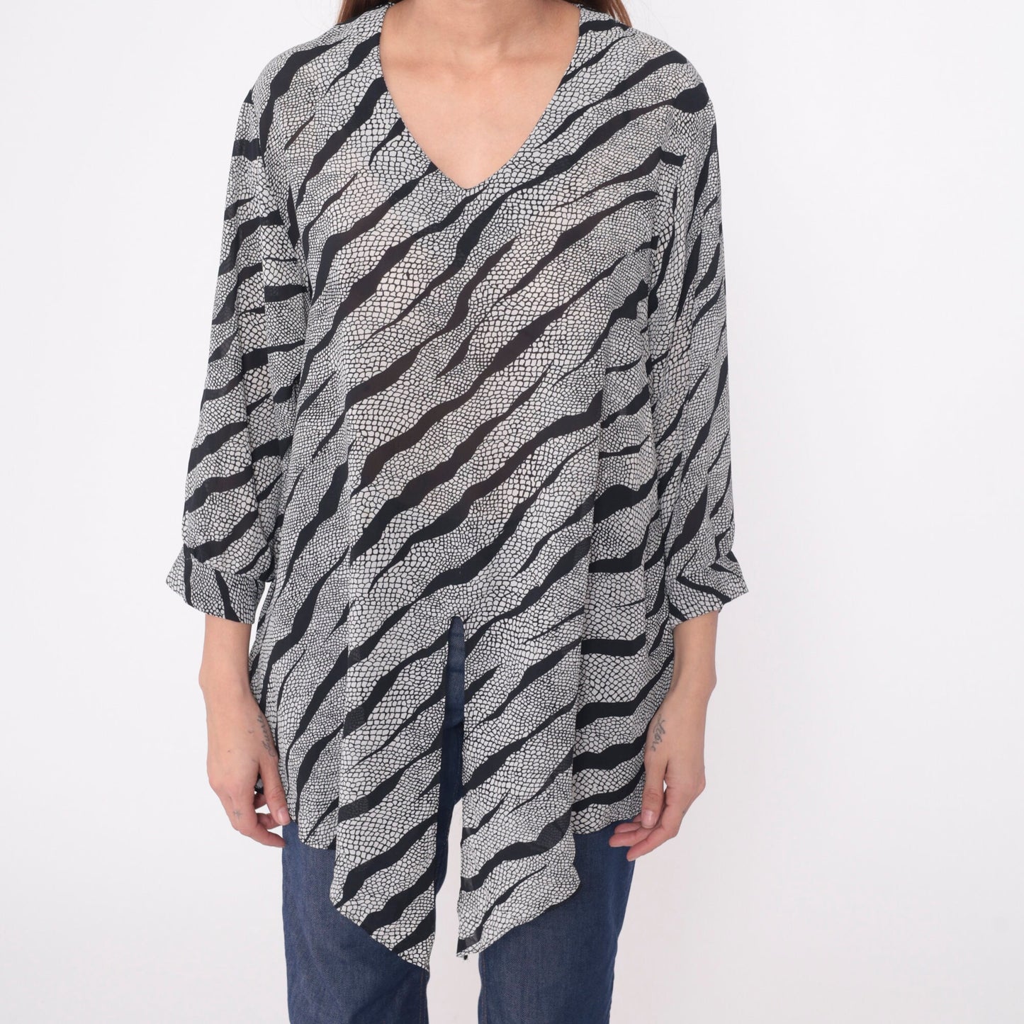 90s Animal Print Blouse Snakeskin Tiger Stripe Tie Waist V Neck Long Sleeve Black White Large L