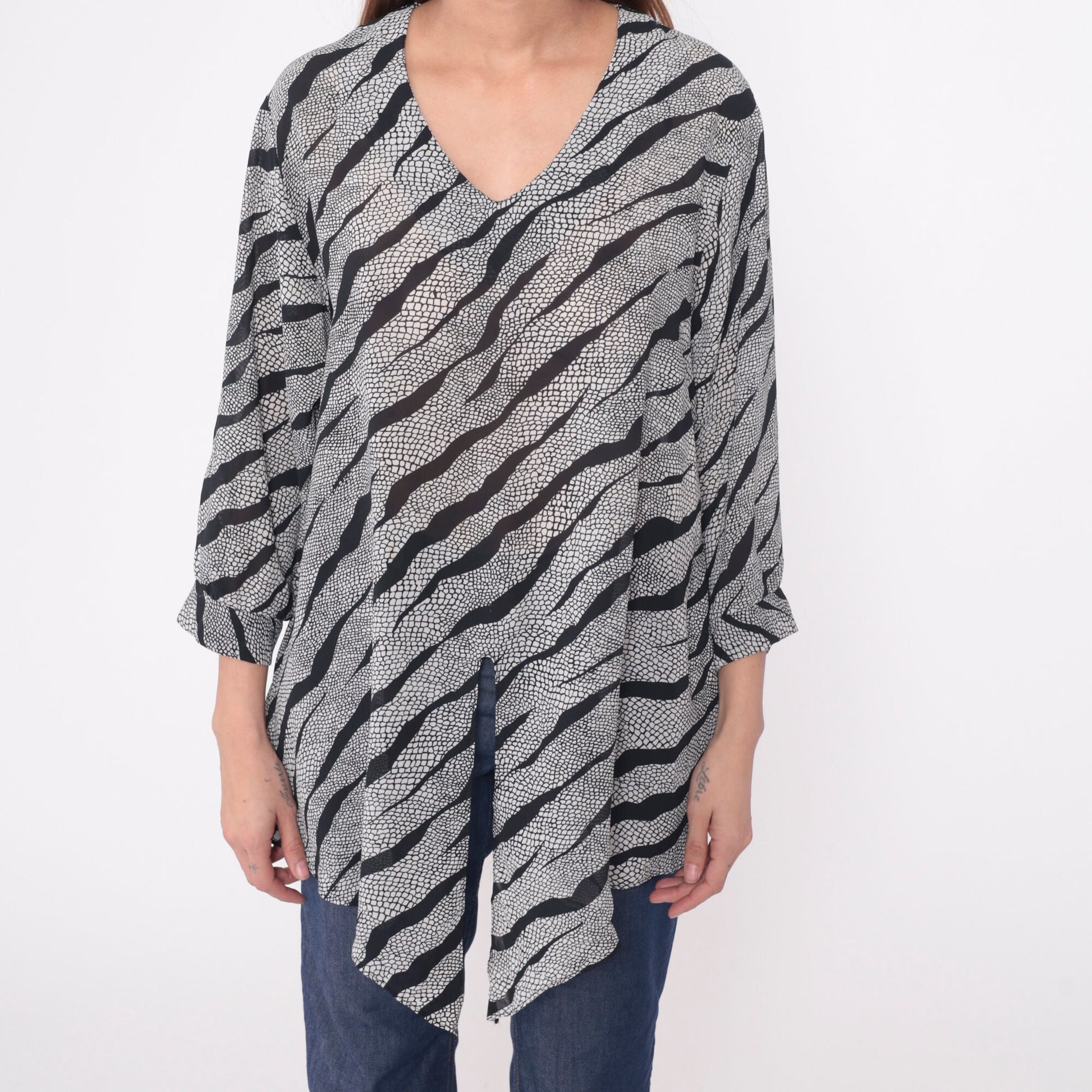 90s Animal Print Blouse Snakeskin Tiger Stripe Tie Waist V Neck Long Sleeve Black White Large L