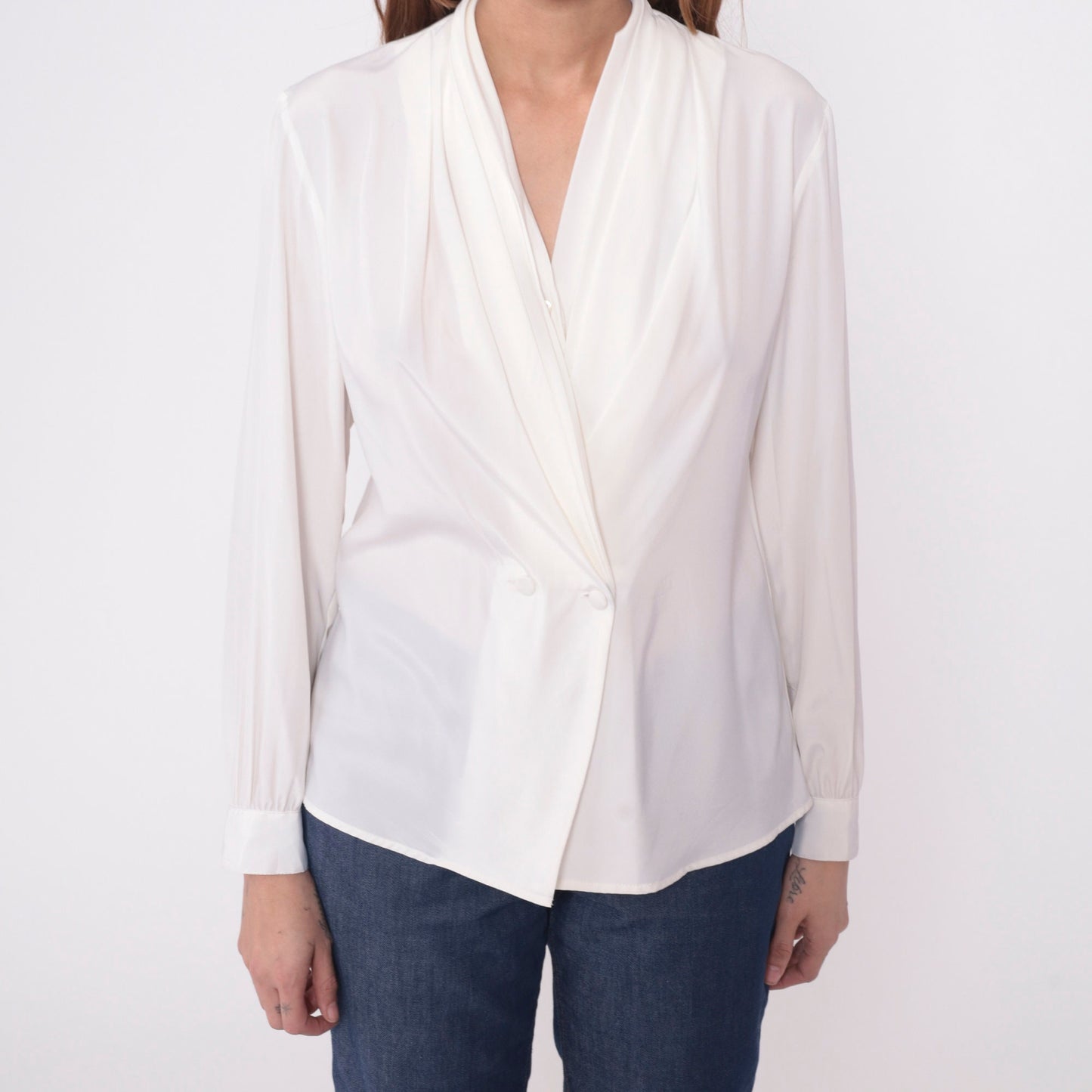 90s White Double Breasted Button Up Blouse V Neck Long Sleeve Small