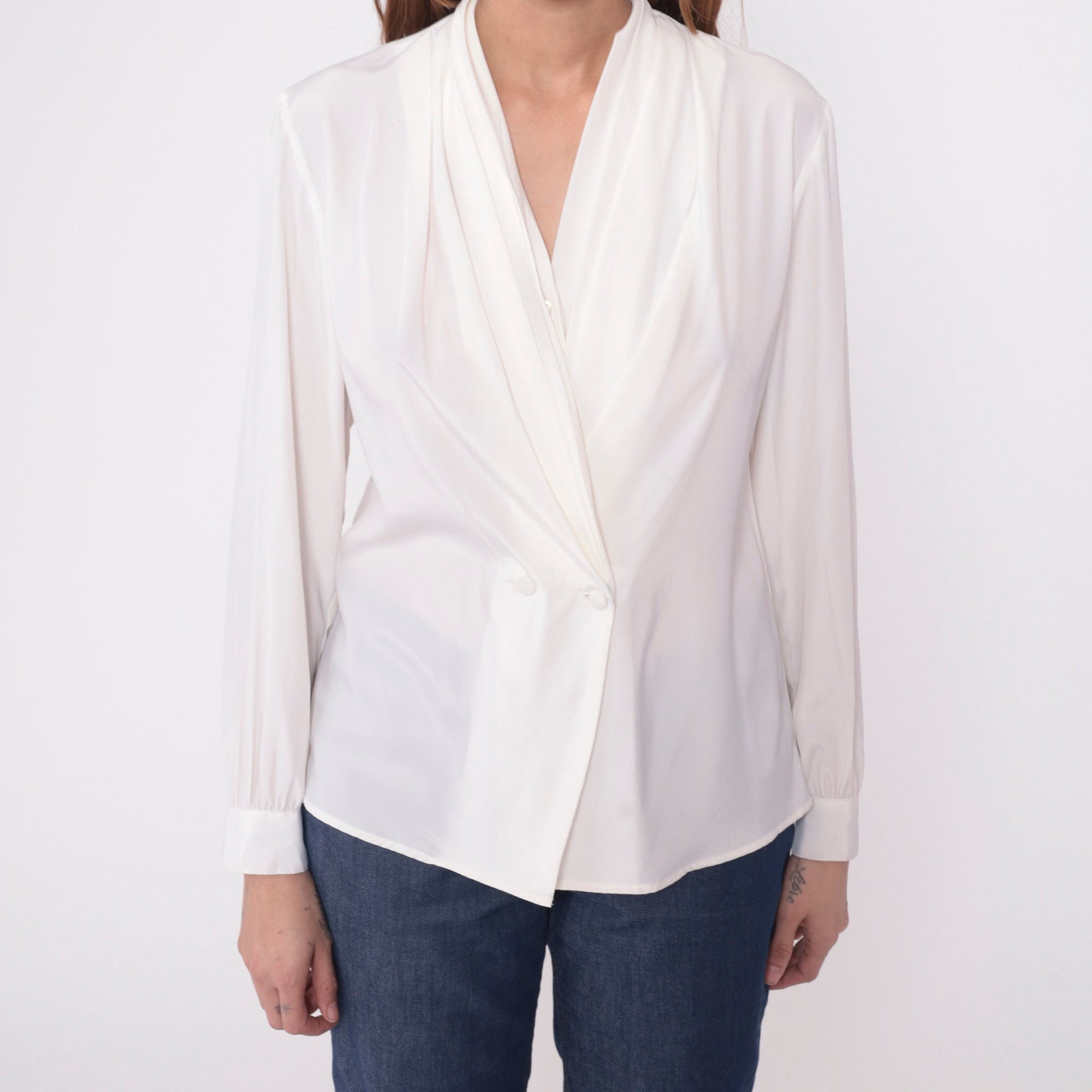 90s White Double Breasted Button Up Blouse V Neck Long Sleeve Small