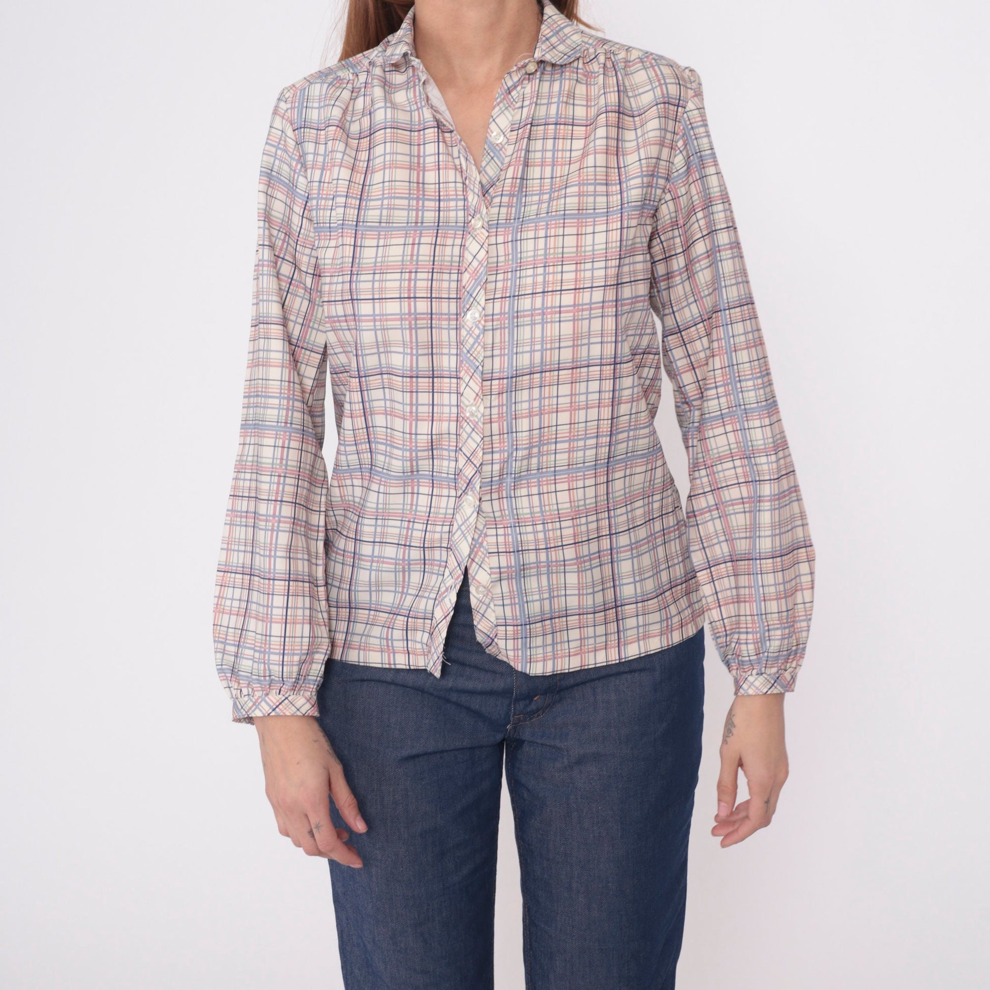 80s Plaid Button-Up Blouse Cream Lavender Pink Checkered Long Sleeve Small