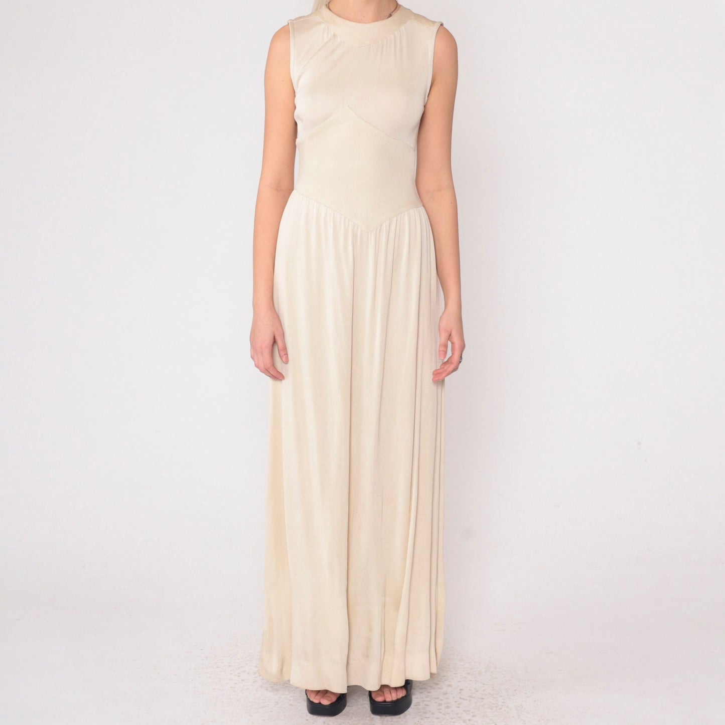 1970s Beige Asymmetrical Chevron Maxi Dress High Neck Sleeveless Small