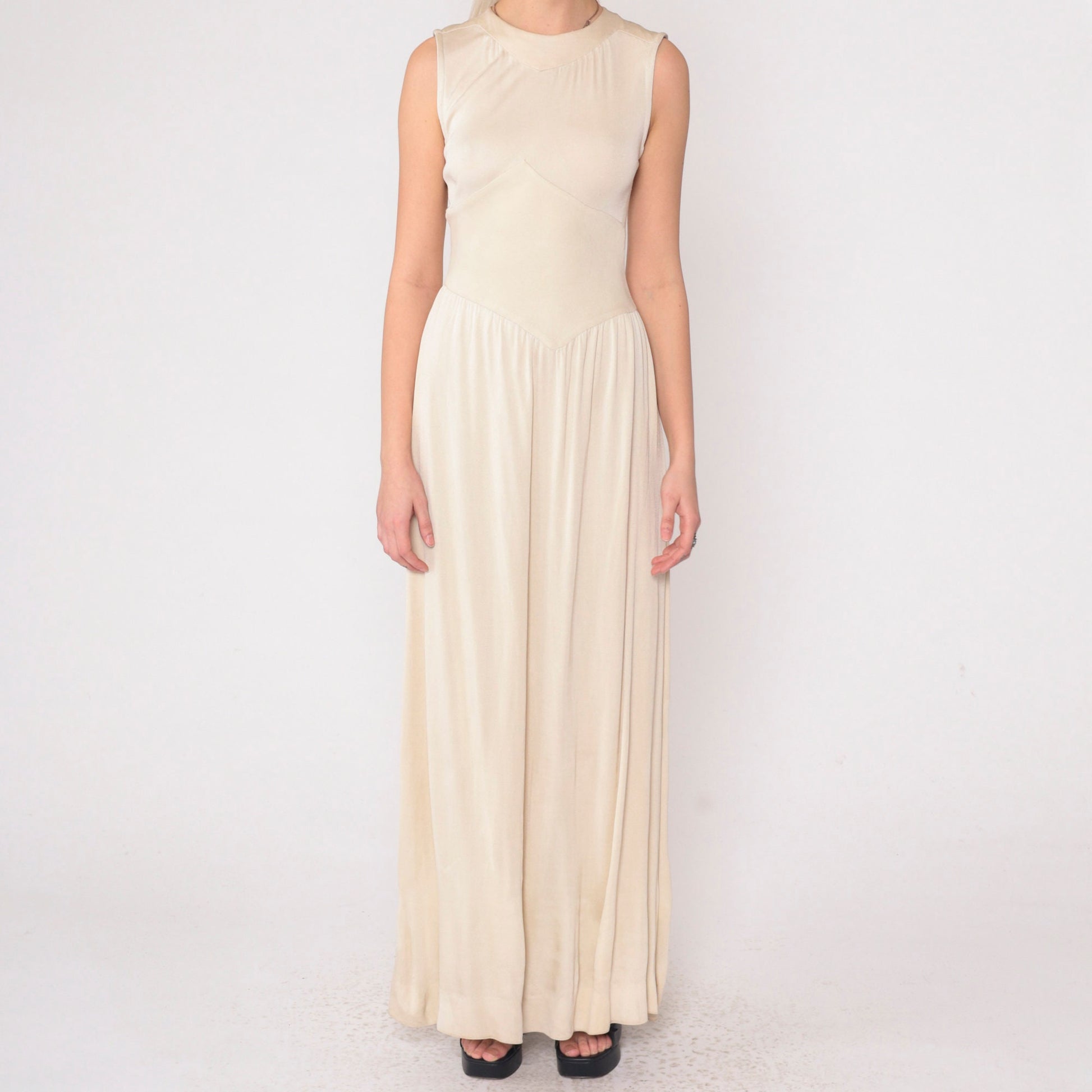 1970s Beige Asymmetrical Chevron Maxi Dress High Neck Sleeveless Small