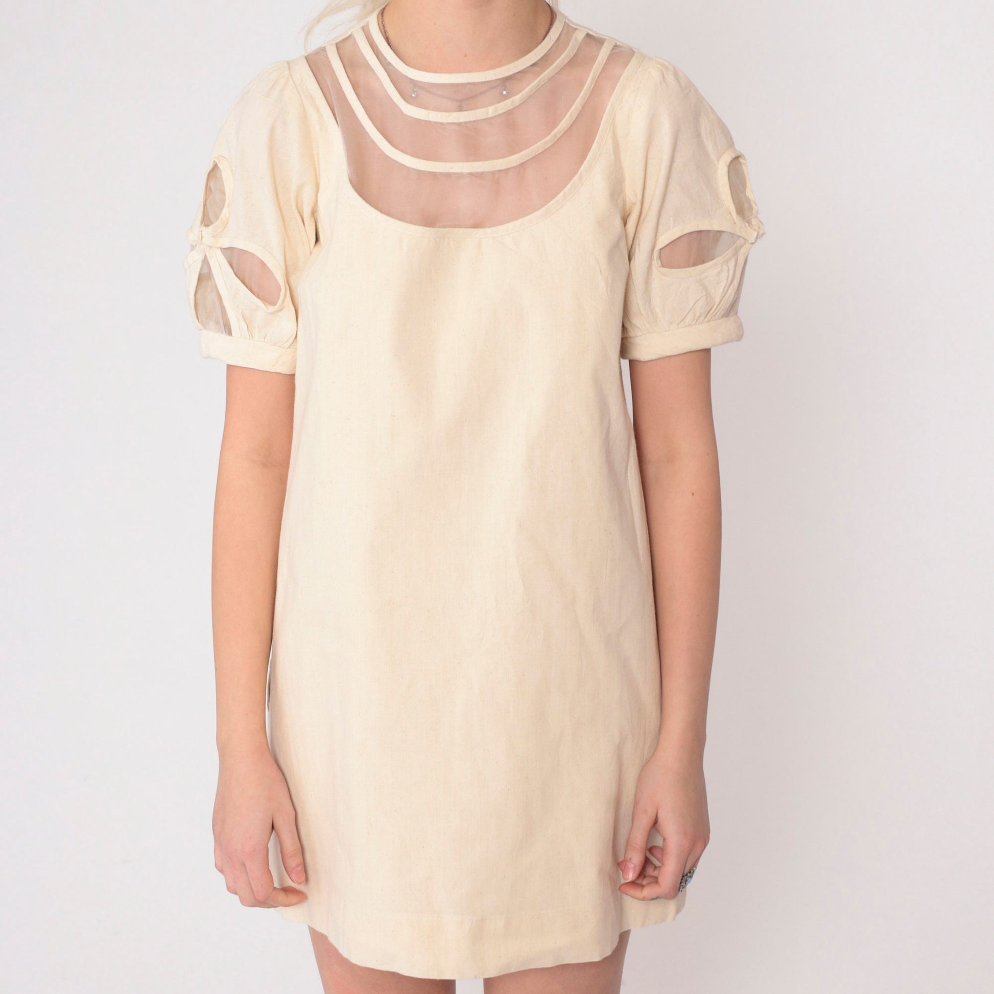 00s Cream Mini Dress Mesh Puff Sleeve Cutout Illusion Neckline Small S