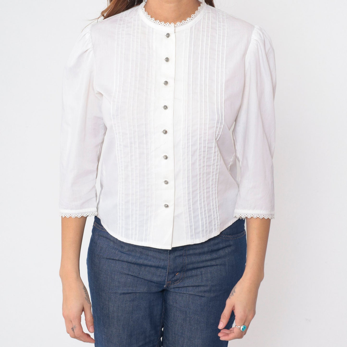 70s Lanz Originals White Prairie Blouse Puff Sleeve Pintuck Button Up Small
