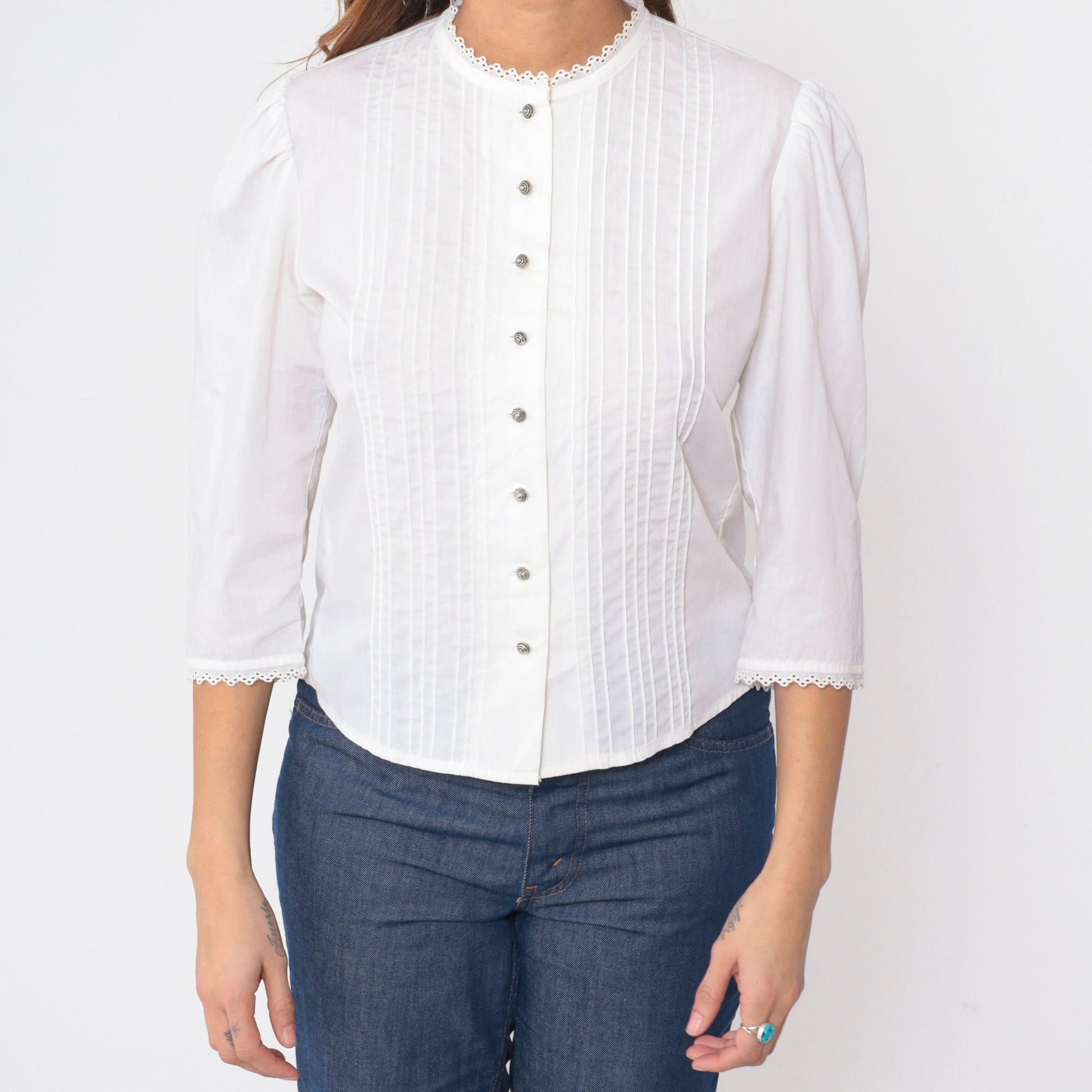 70s Lanz Originals White Prairie Blouse Puff Sleeve Pintuck Button Up Small