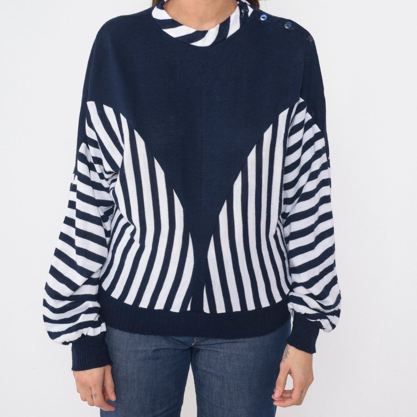 80s Clo Clo Striped Colorblock Knit Sweater Blue White Dolman Sleeve Small Medium