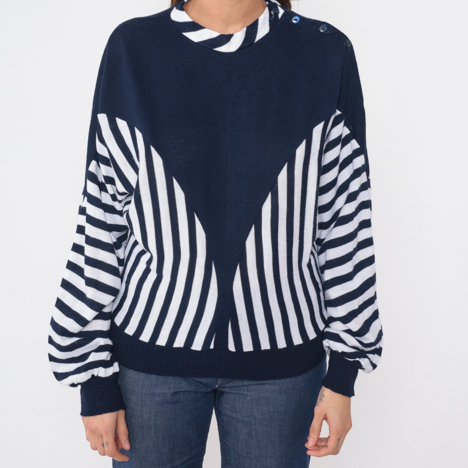 80s Clo Clo Striped Colorblock Knit Sweater Blue White Dolman Sleeve Small Medium