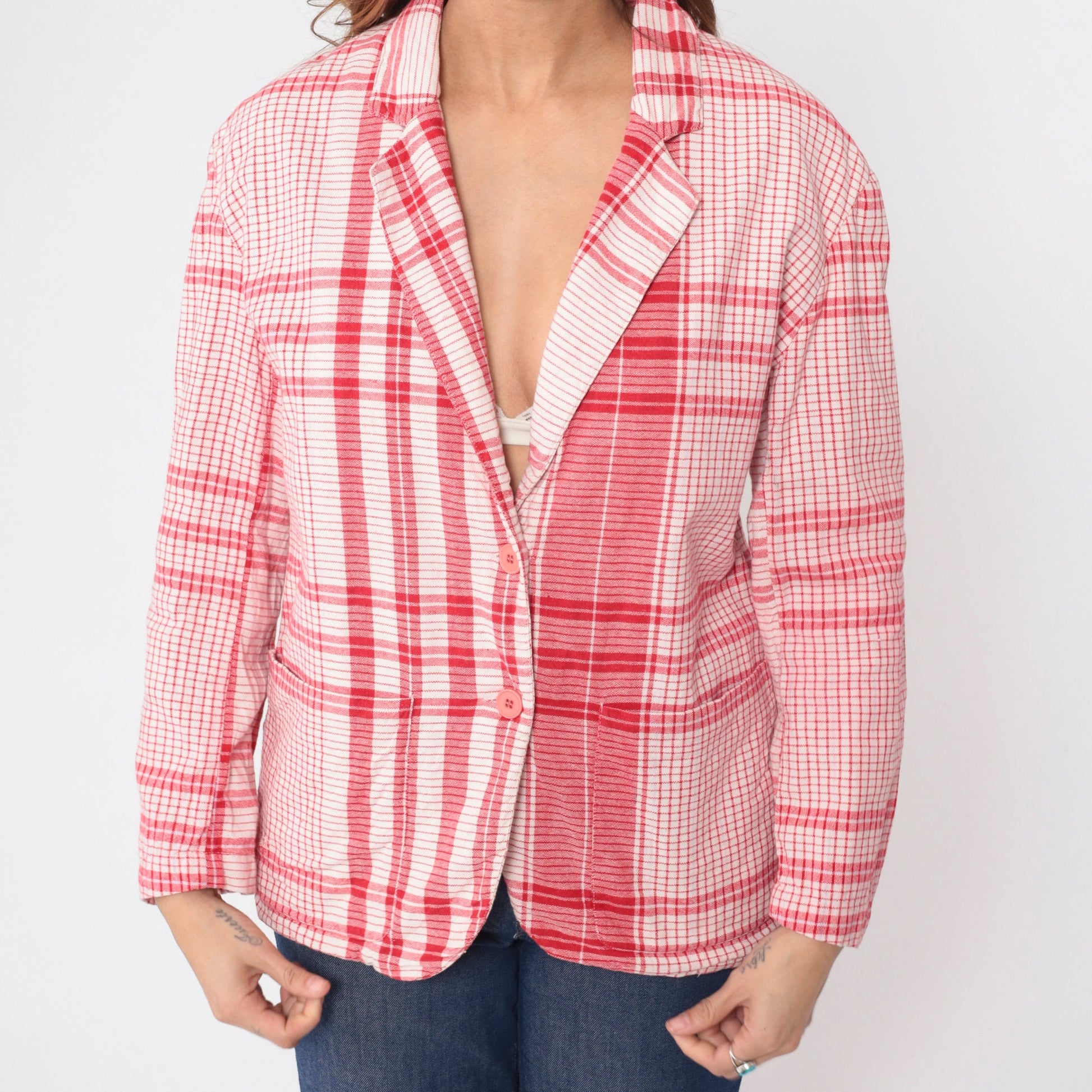 80s WilliWear Willi Smith Plaid Blazer Red White Cotton Jacket Small S