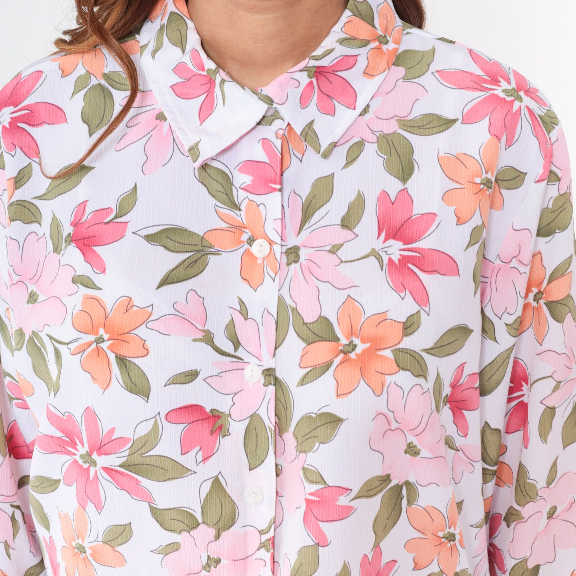 90s Bon Worth Floral Button-Up Blouse Pink Orange 3/4 Sleeve Large Petite