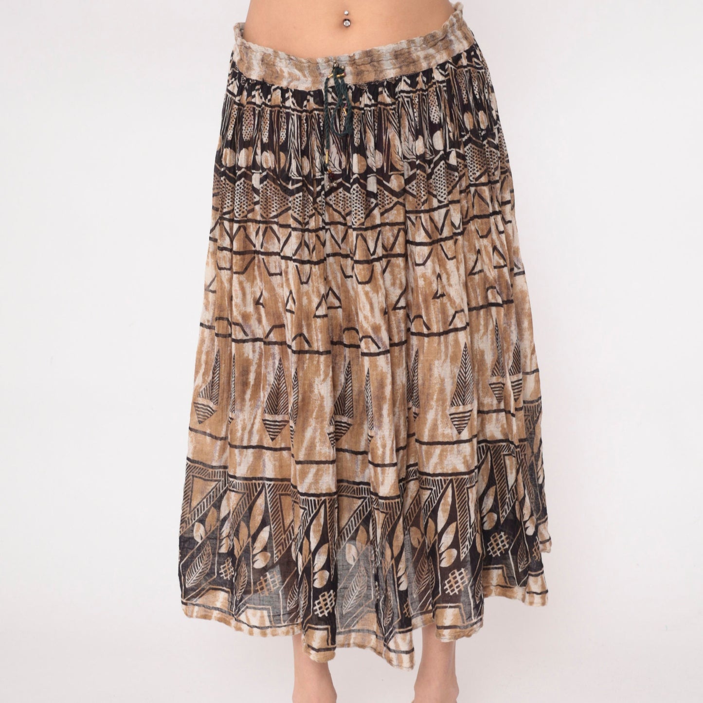 90s Geometric Leaf Print Broomstick Skirt Brown Midi Cotton Medium