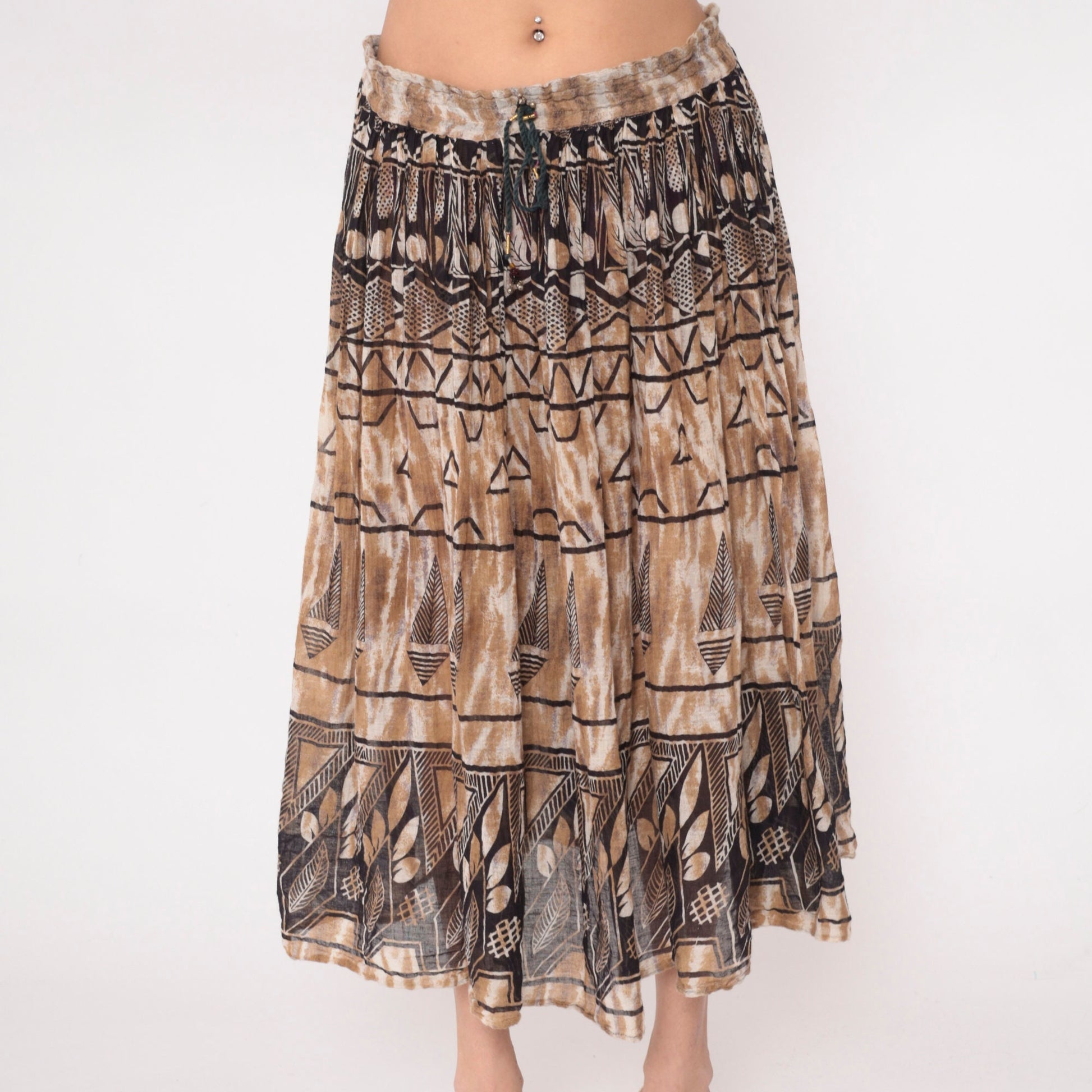 90s Geometric Leaf Print Broomstick Skirt Brown Midi Cotton Medium