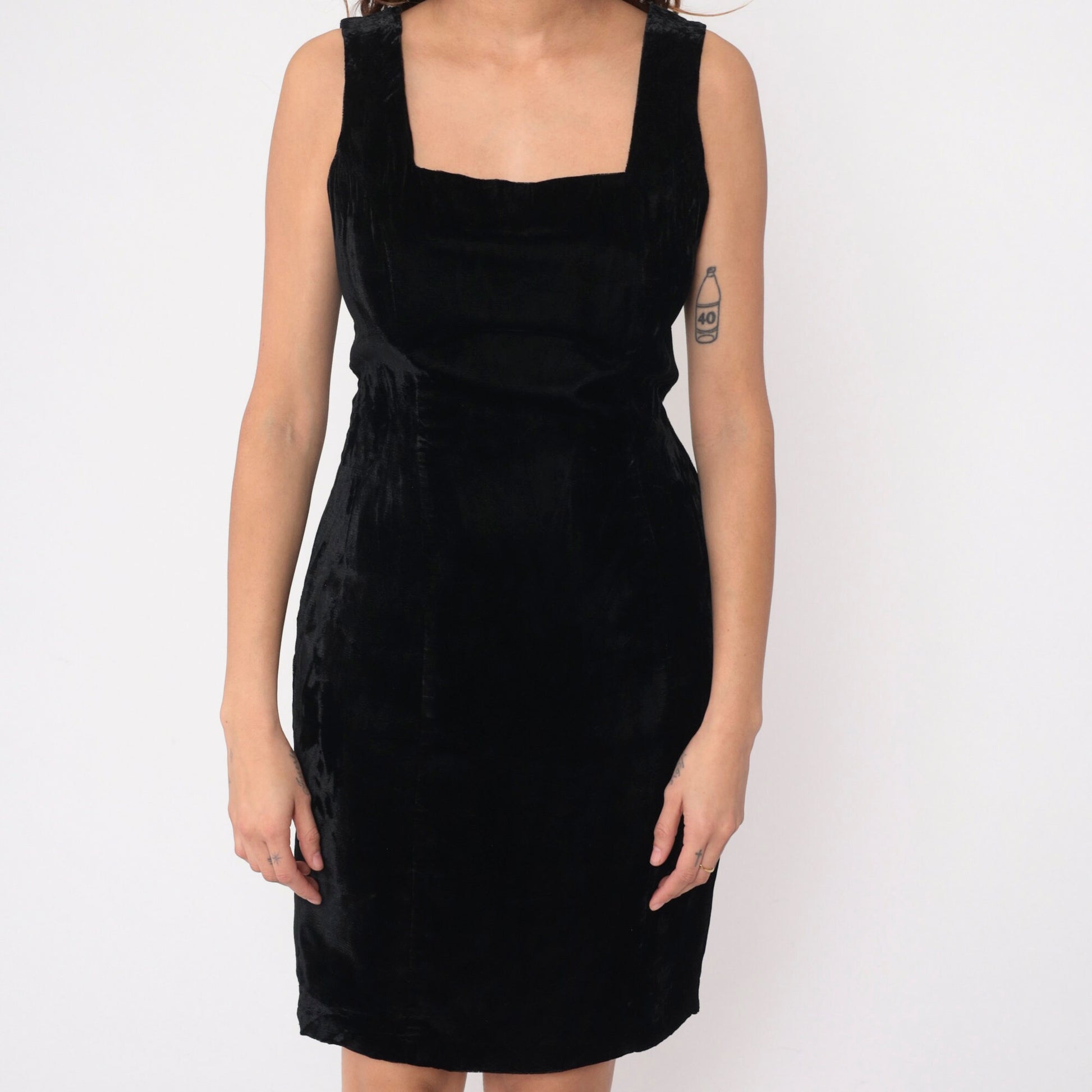 90s Black Velvet Mini Dress Square Neckline Strappy Open Back Medium