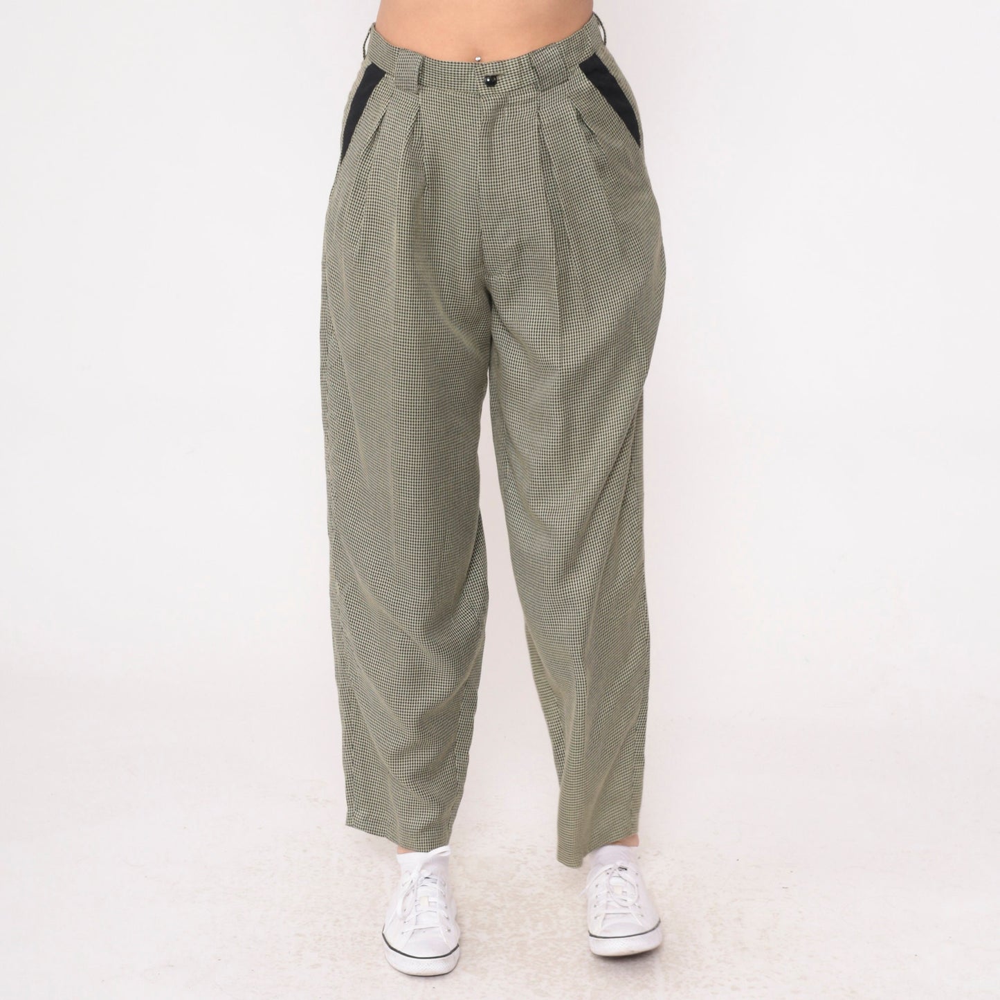80s Houndstooth Tapered Trousers High Waist Pleated Black Yellow Small