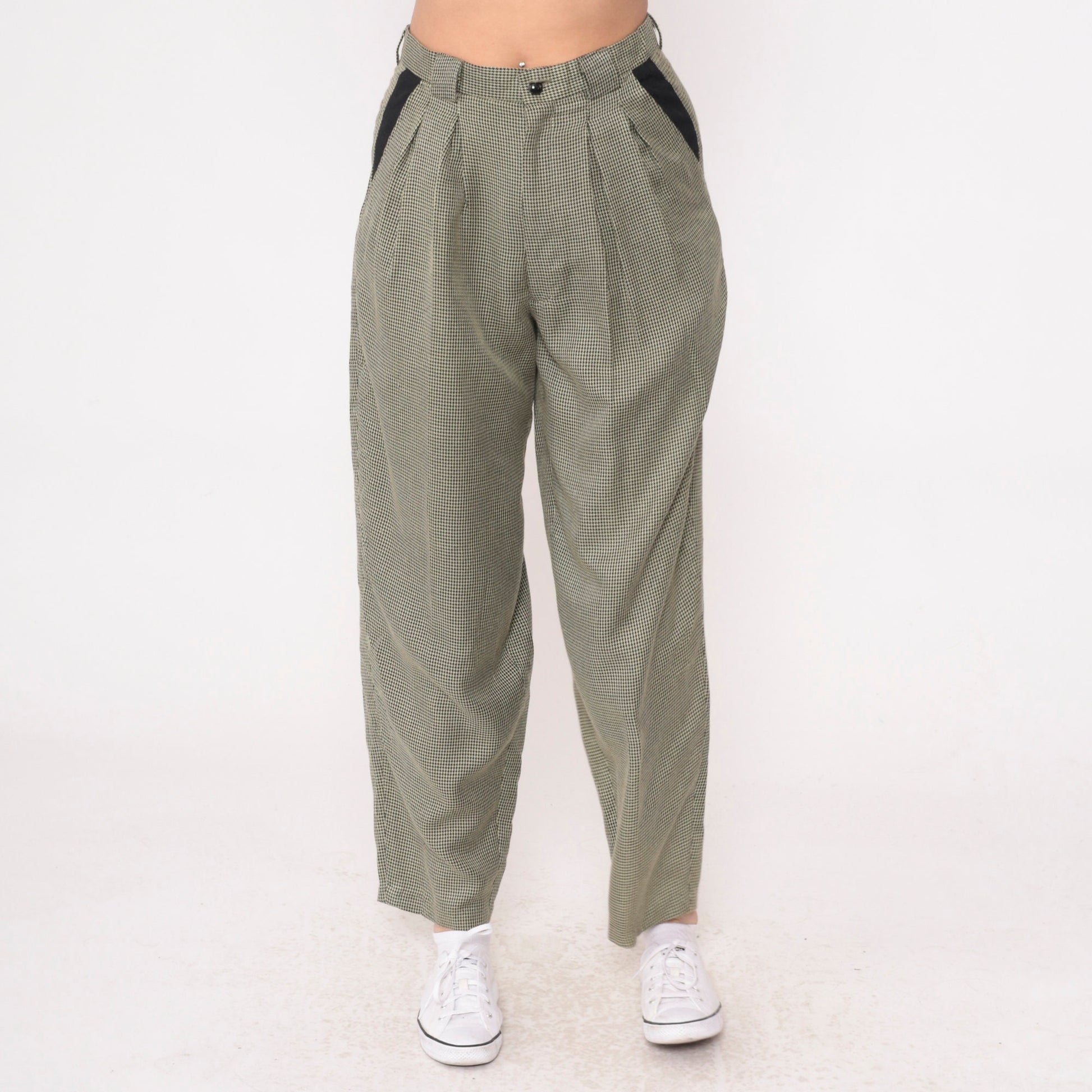 80s Houndstooth Tapered Trousers High Waist Pleated Black Yellow Small