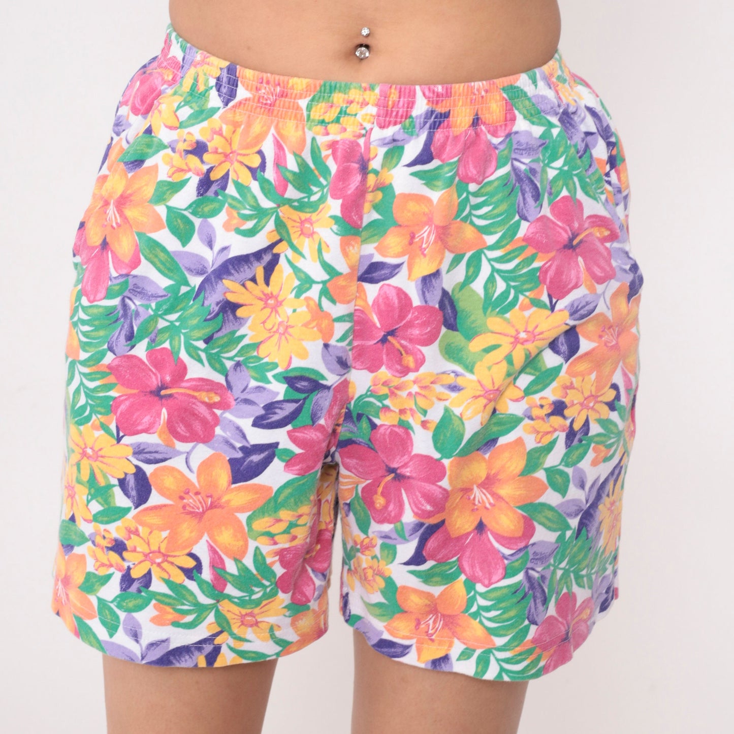 90s Tropical Floral Leaf Print High-Waist Shorts Multicolor Small