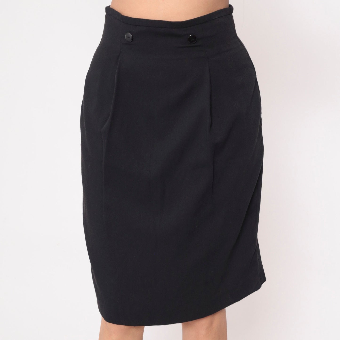 90s Black Pencil Skirt High Waisted Pleated Knee Length Medium