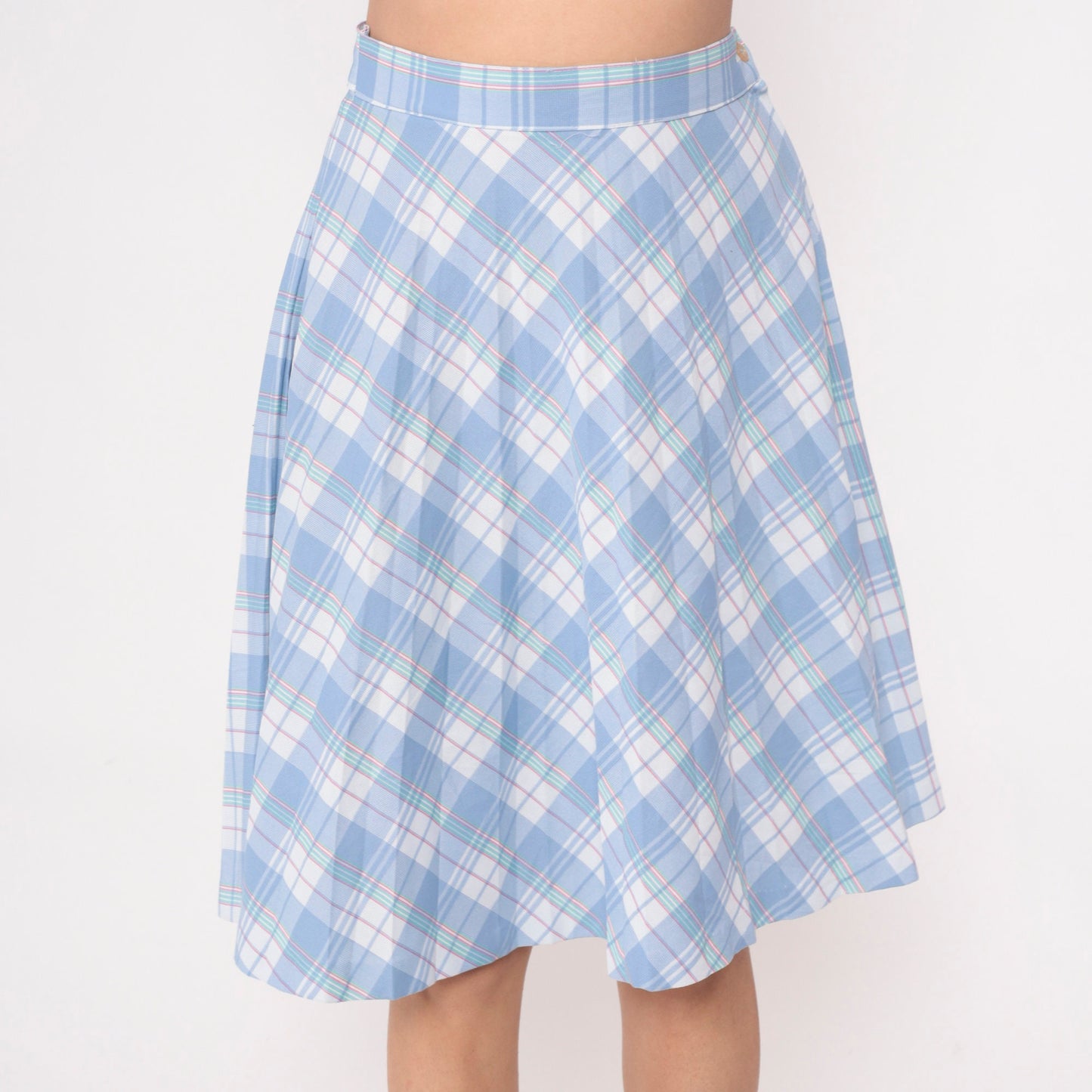 80s Sky Blue White Plaid Midi Skirt High Waist Pleated Small