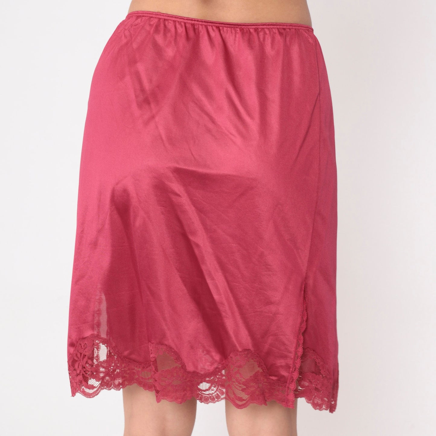70s Raspberry Lace Slip Skirt High Waisted Front Slit Small Medium