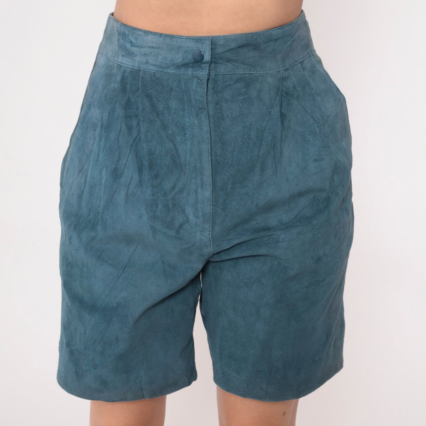 80s Blue Suede High-Waisted Shorts Pleated Front Small