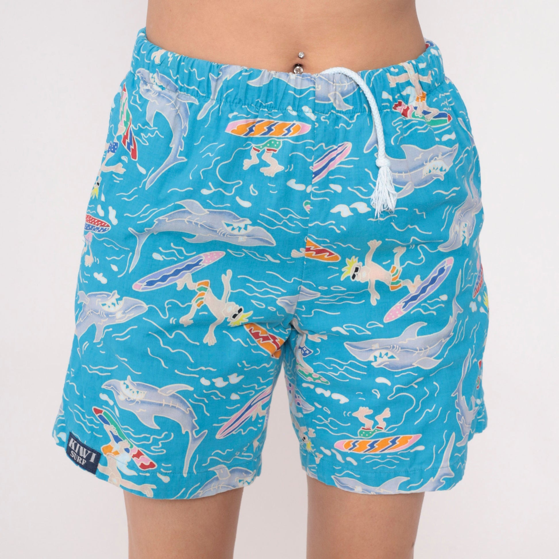 90s Kiwi Surf Shark Surfer Print Swim Shorts Blue Cotton Small