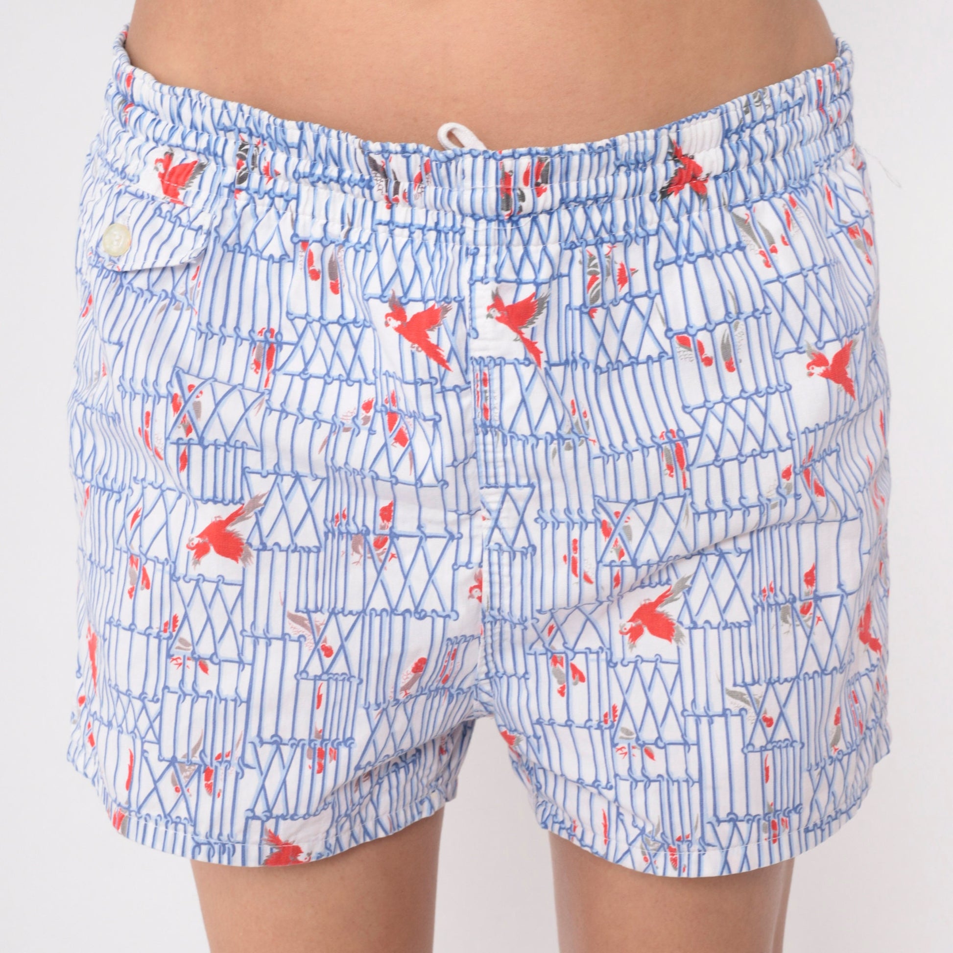 80s Bird Cage Parrot Swim Shorts White Blue Novelty Print Men's Medium