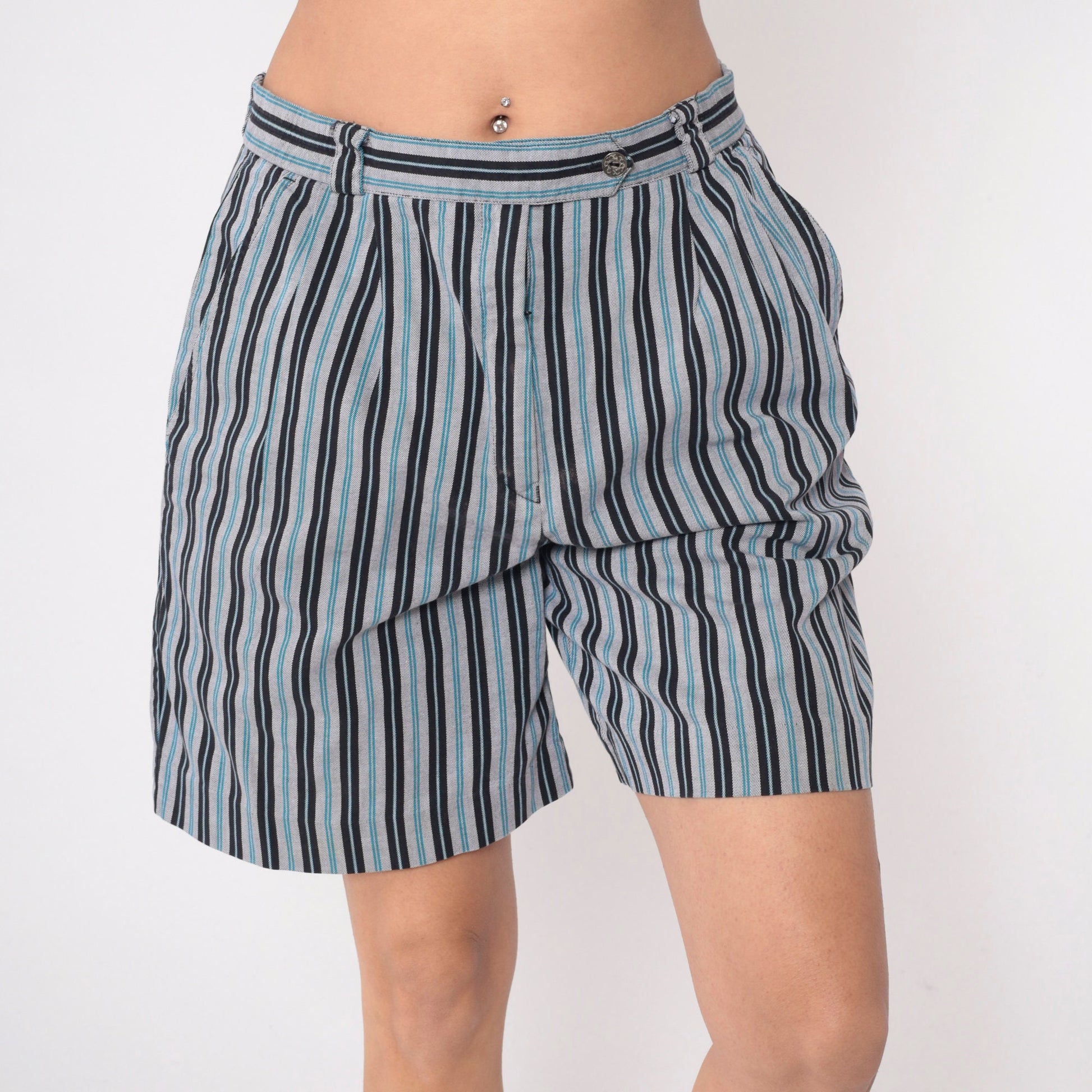 90s Head Sportswear Striped Shorts High Waist Pleated Blue White Black Medium
