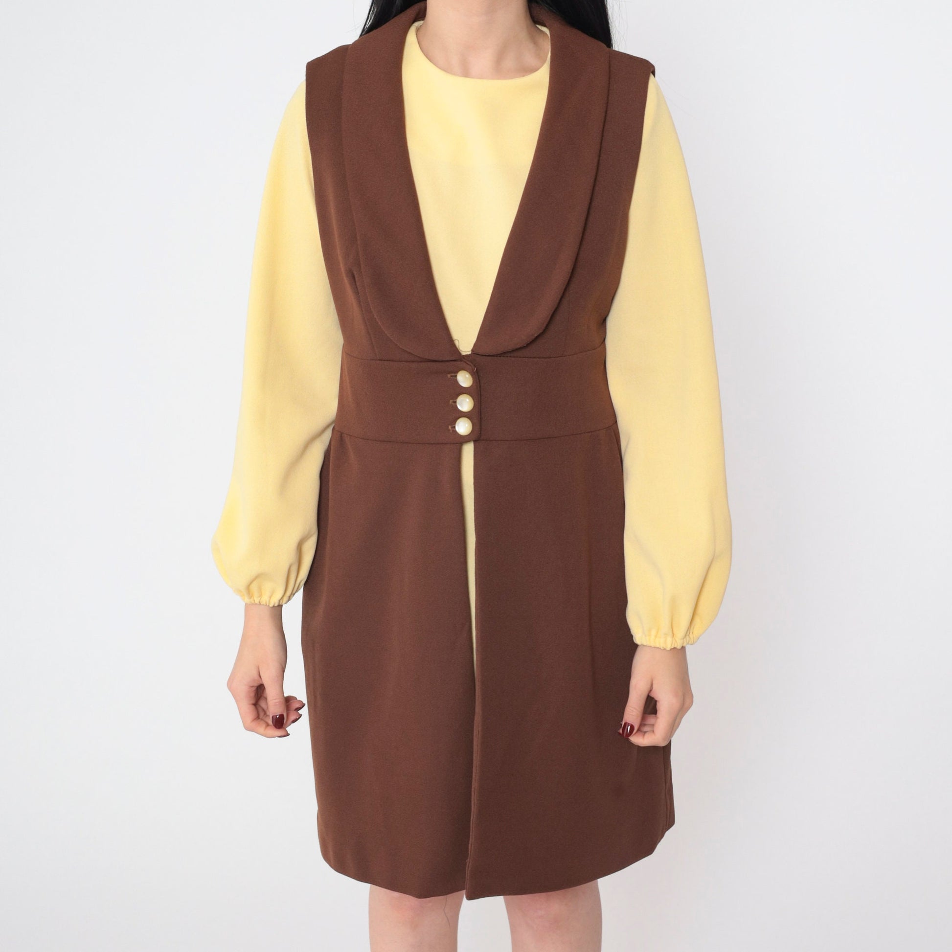 70s Mod Mini Dress and Vest Set Yellow Brown Shift Long Sleeve Medium