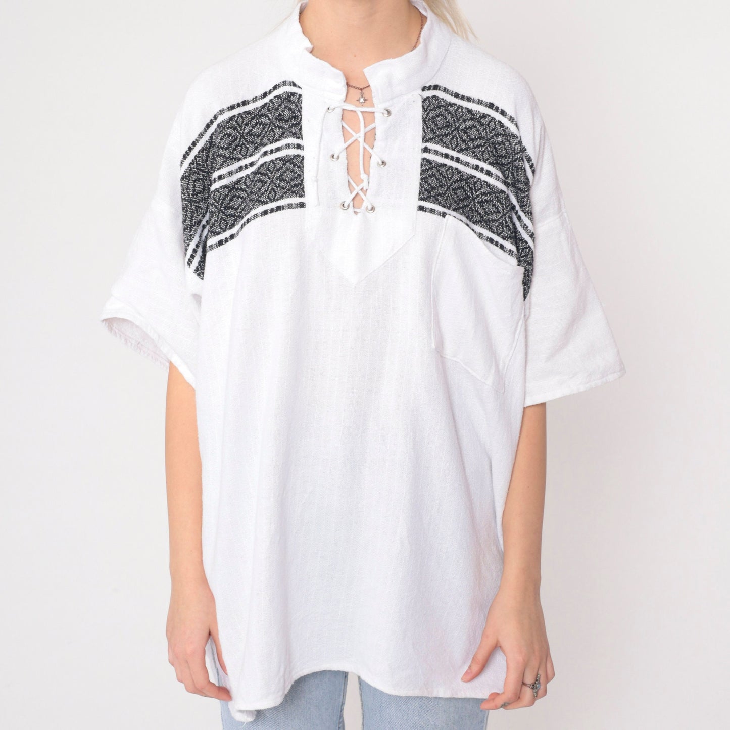 90s White Tunic Top Lace-Up Neckline Black Embroidery Short Sleeve Extra Large