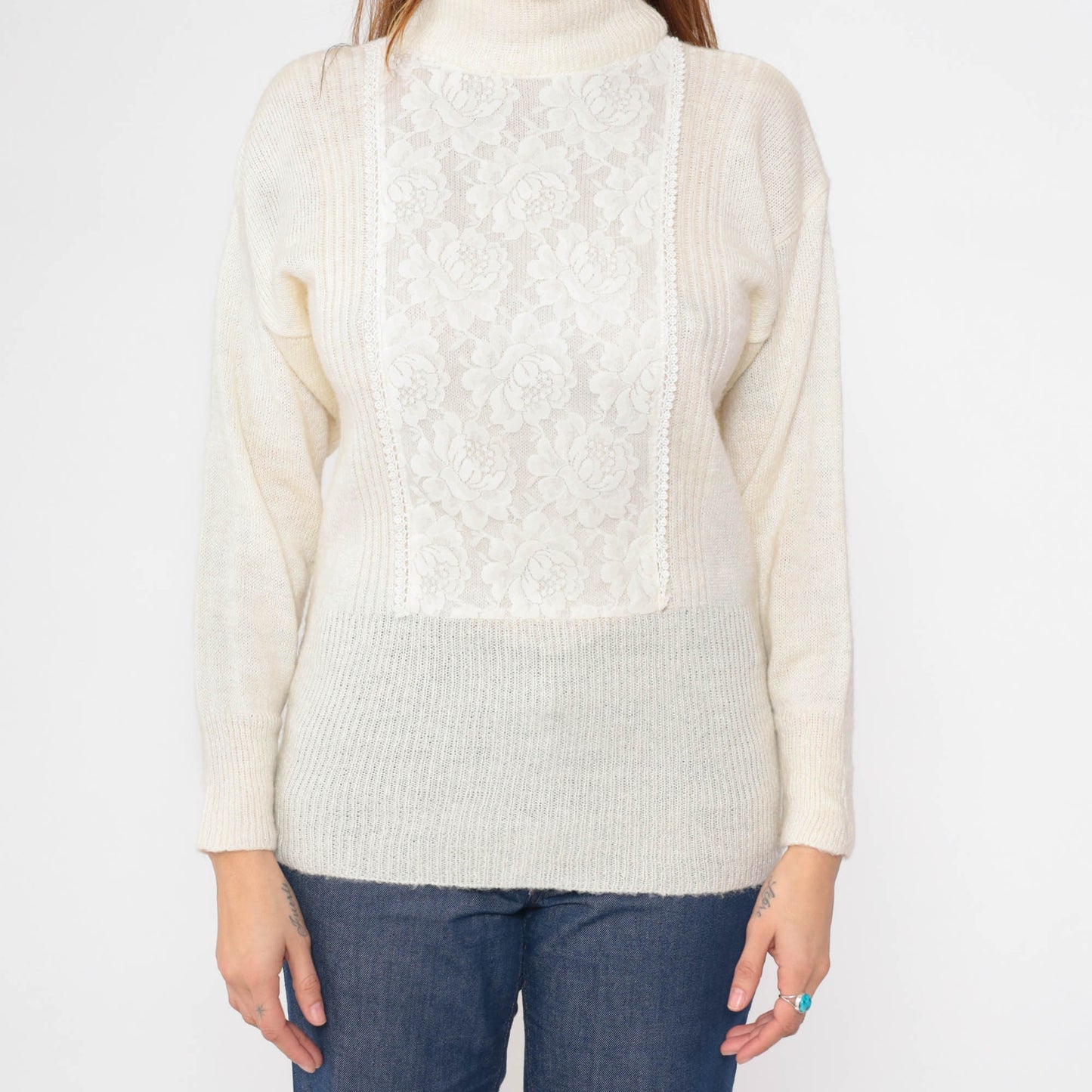 70s Jack Winter Cream Lace Mock Neck Sweater Knit Pullover Extra Small