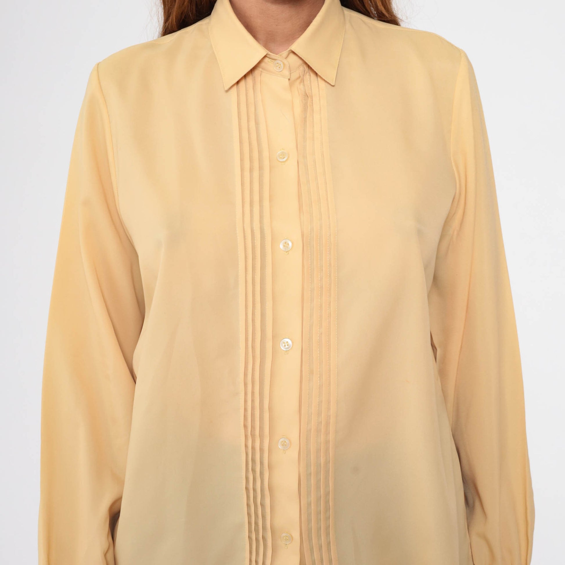80s Yellow Pleated Button-Up Blouse Long Sleeve Collared Shirt Large L
