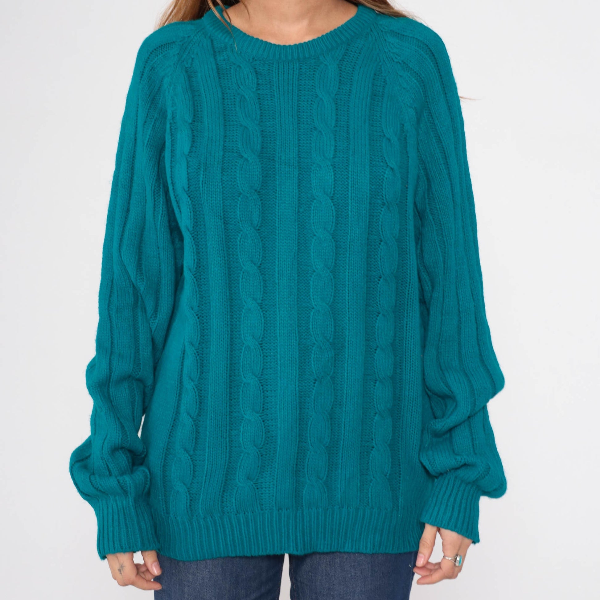 80s Wrangler Teal Cable Knit Crewneck Sweater Raglan Sleeve Medium