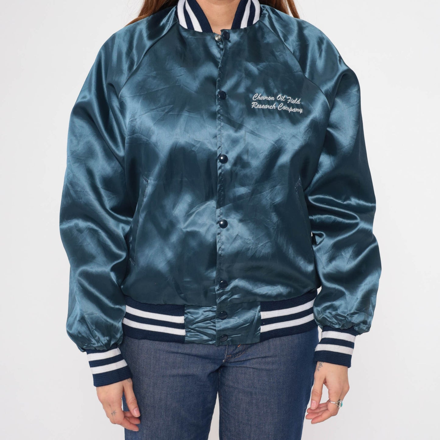 80s Chevron Oil Field Research Satin Bomber Jacket Blue Medium
